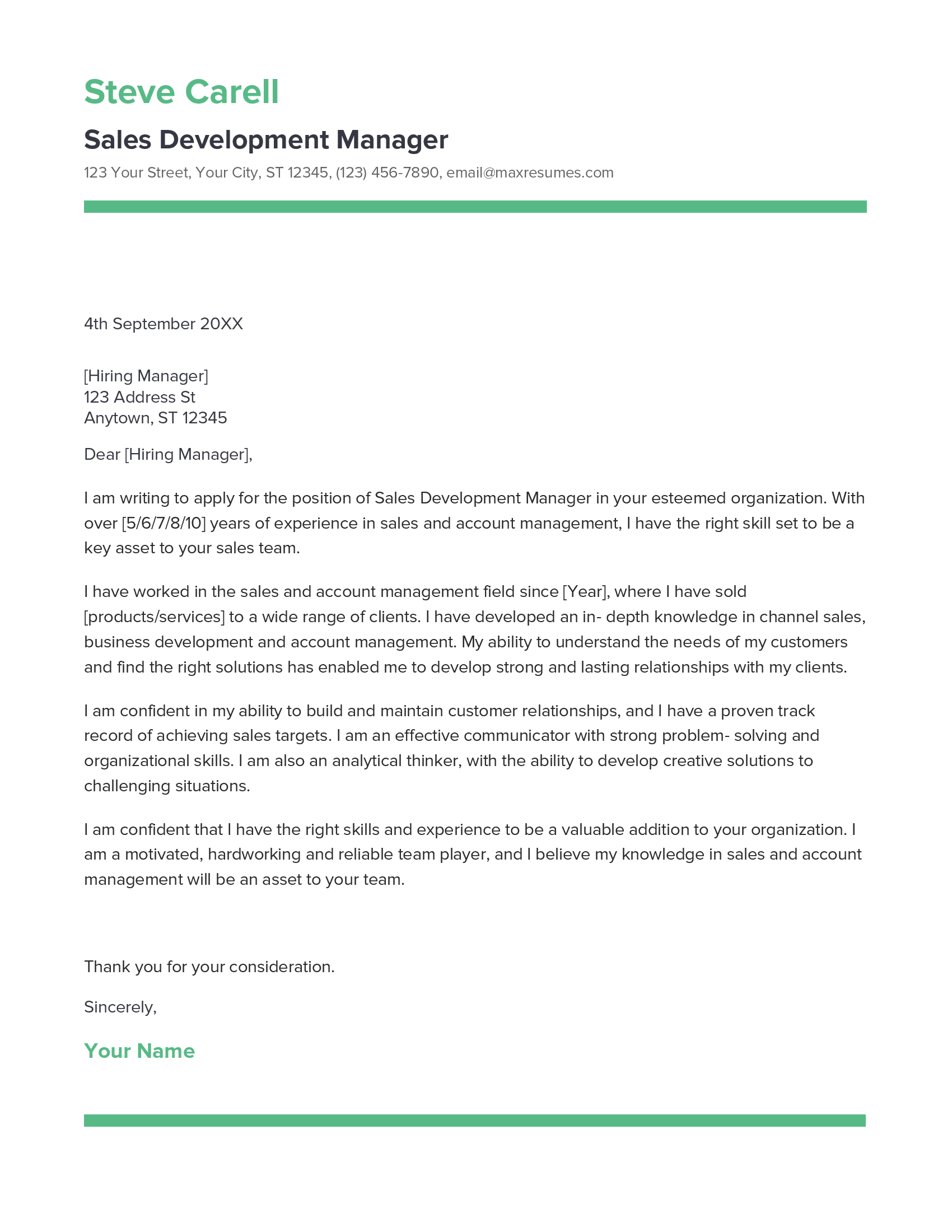 Sales Development Manager Cover Letter Example