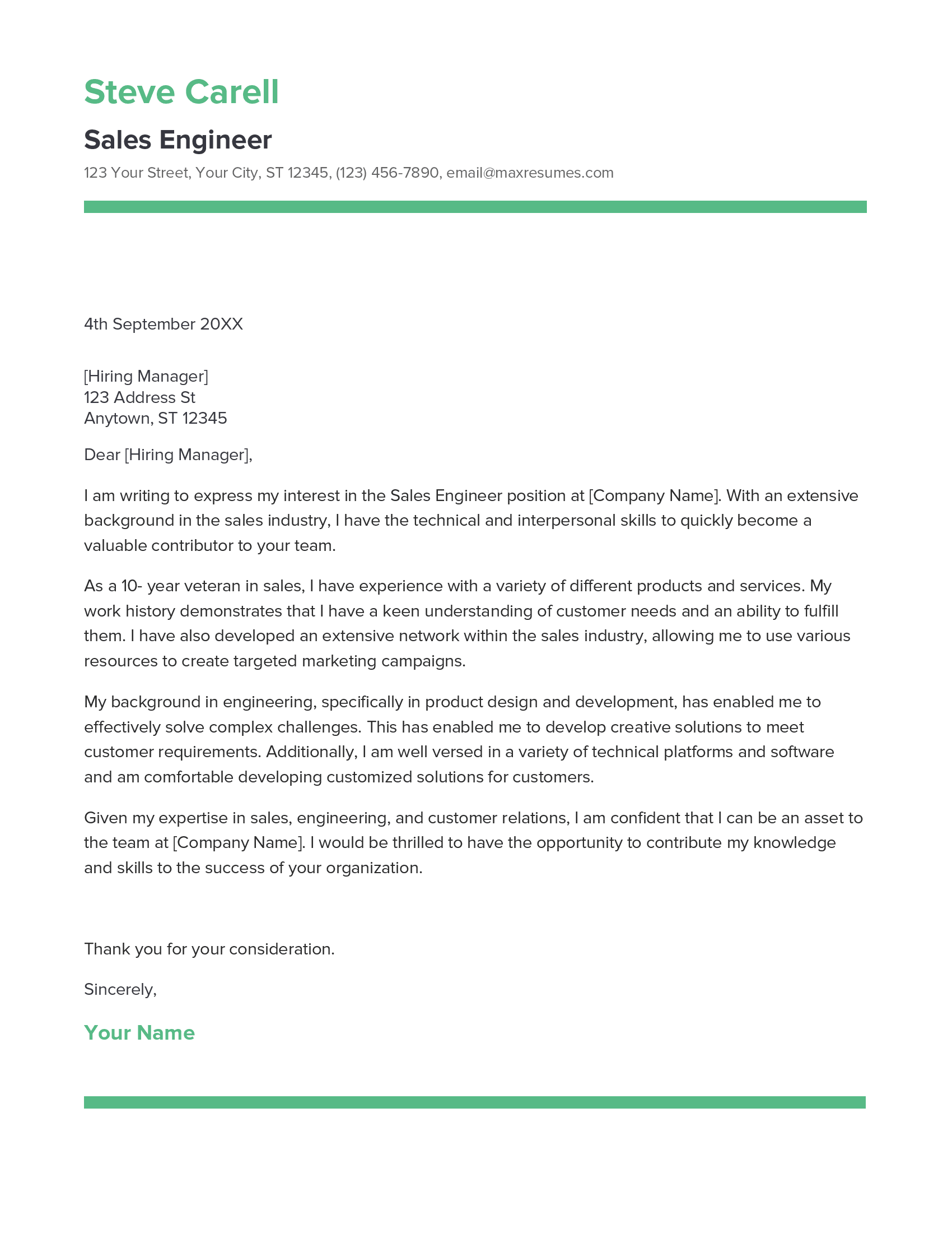 Sales Engineer Cover Letter Example