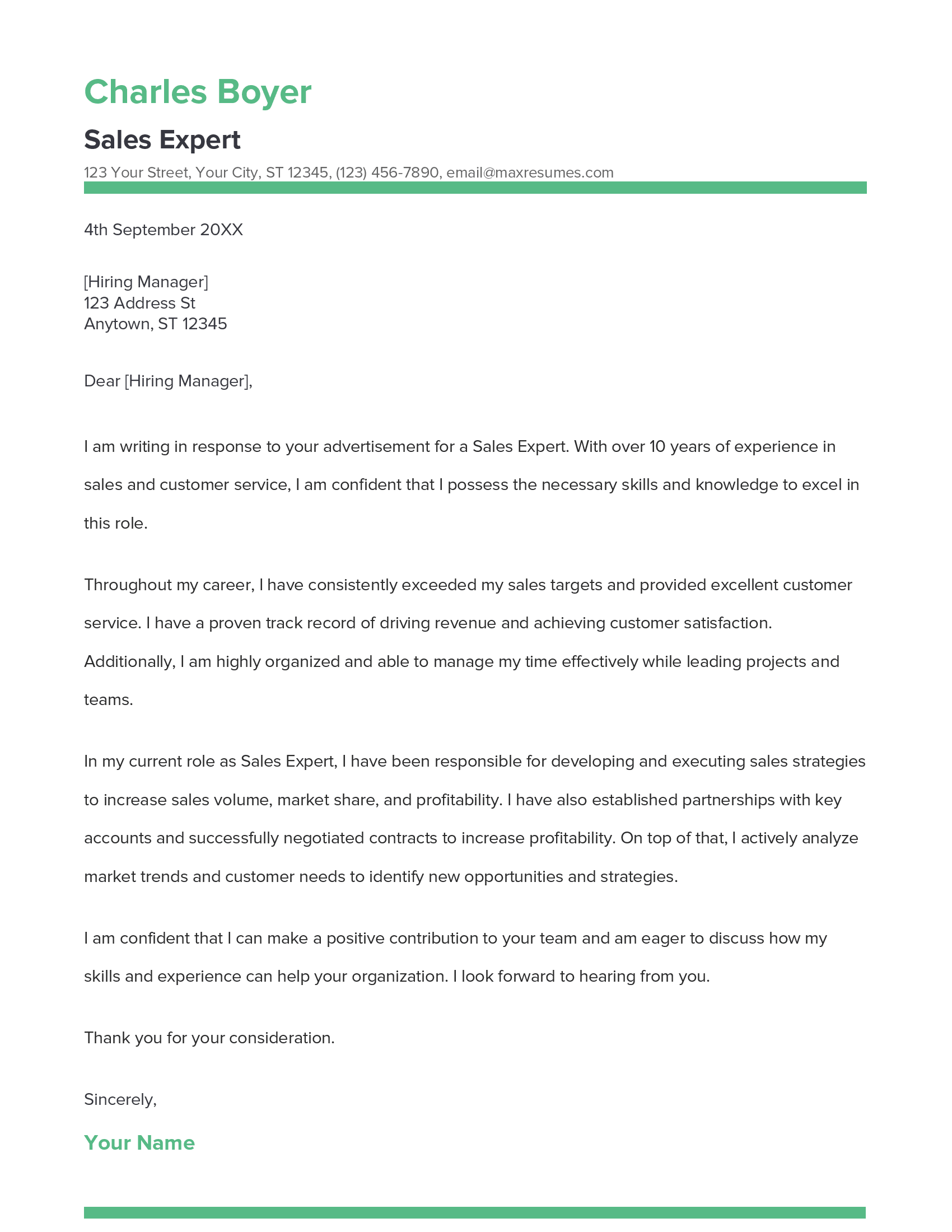 Sales Expert Cover Letter Example