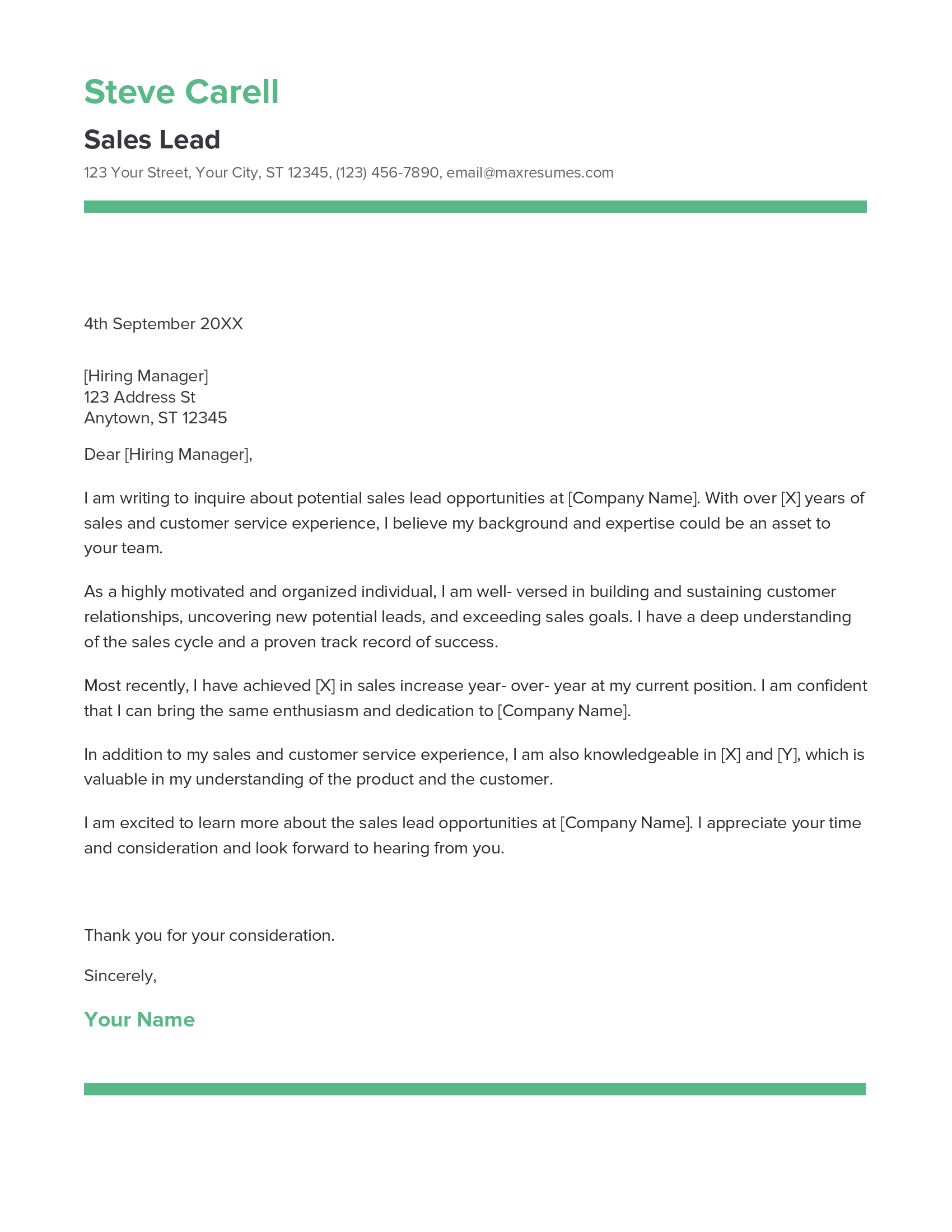 Sales Lead Cover Letter Example