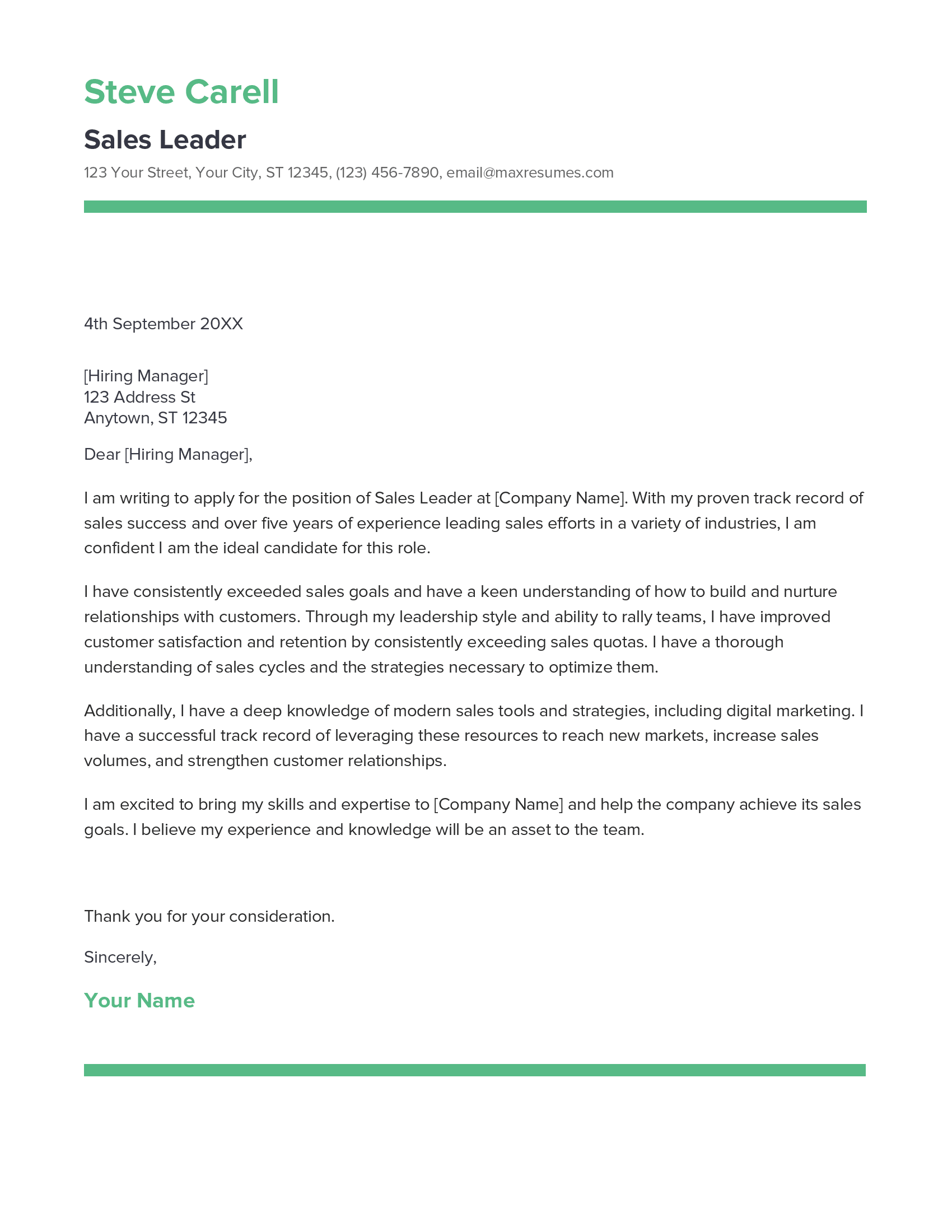 Sales Leader Cover Letter Example