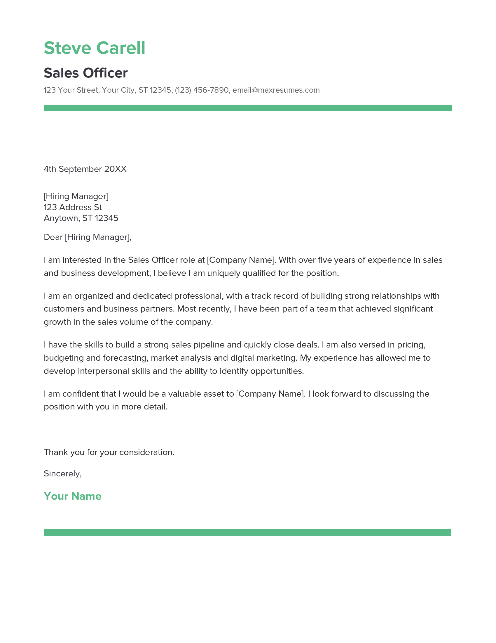Sales Officer Cover Letter Example