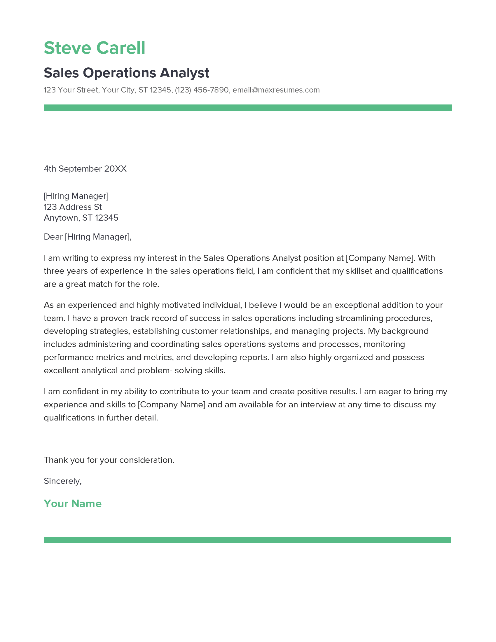 Sales Operations Analyst Cover Letter Example