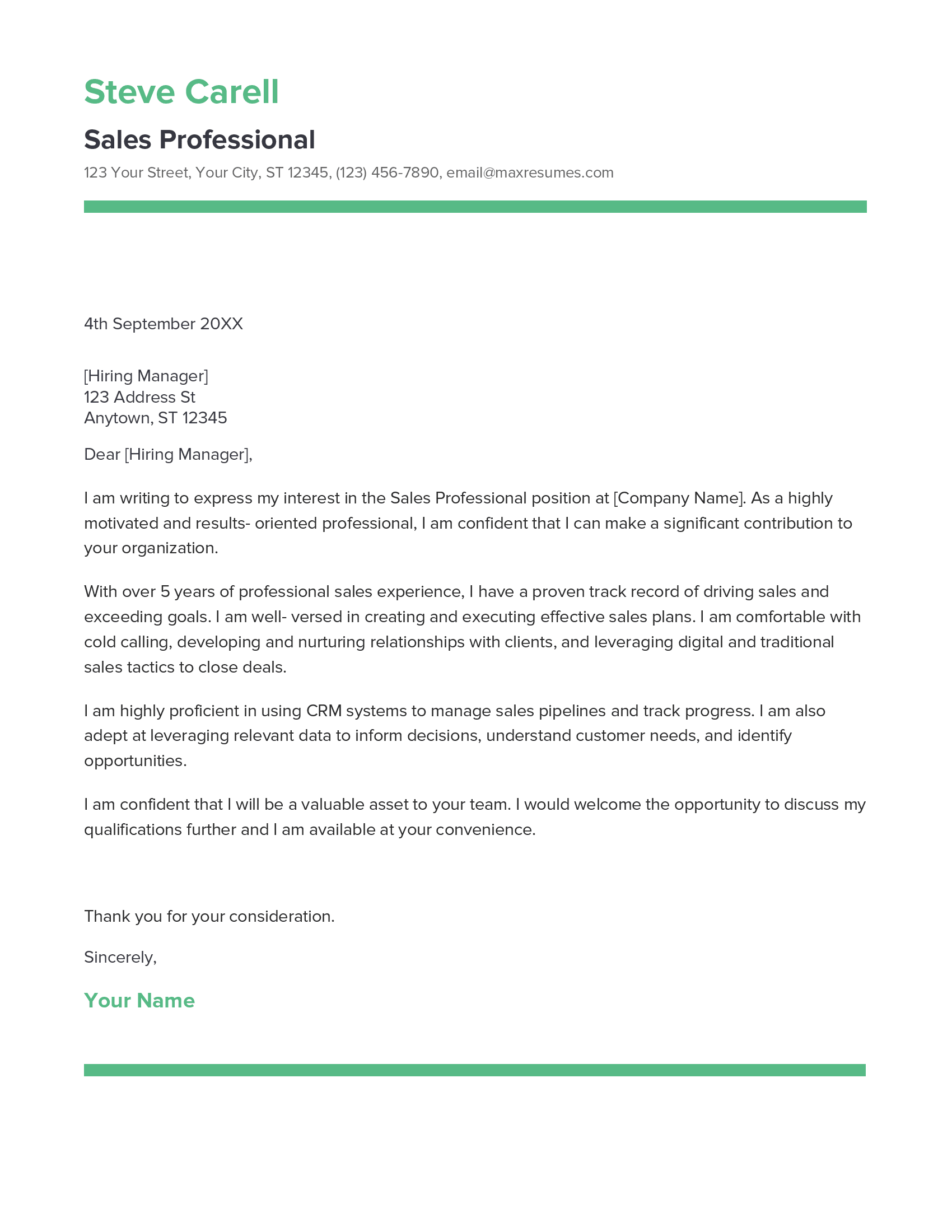 Sales Professional Cover Letter Example