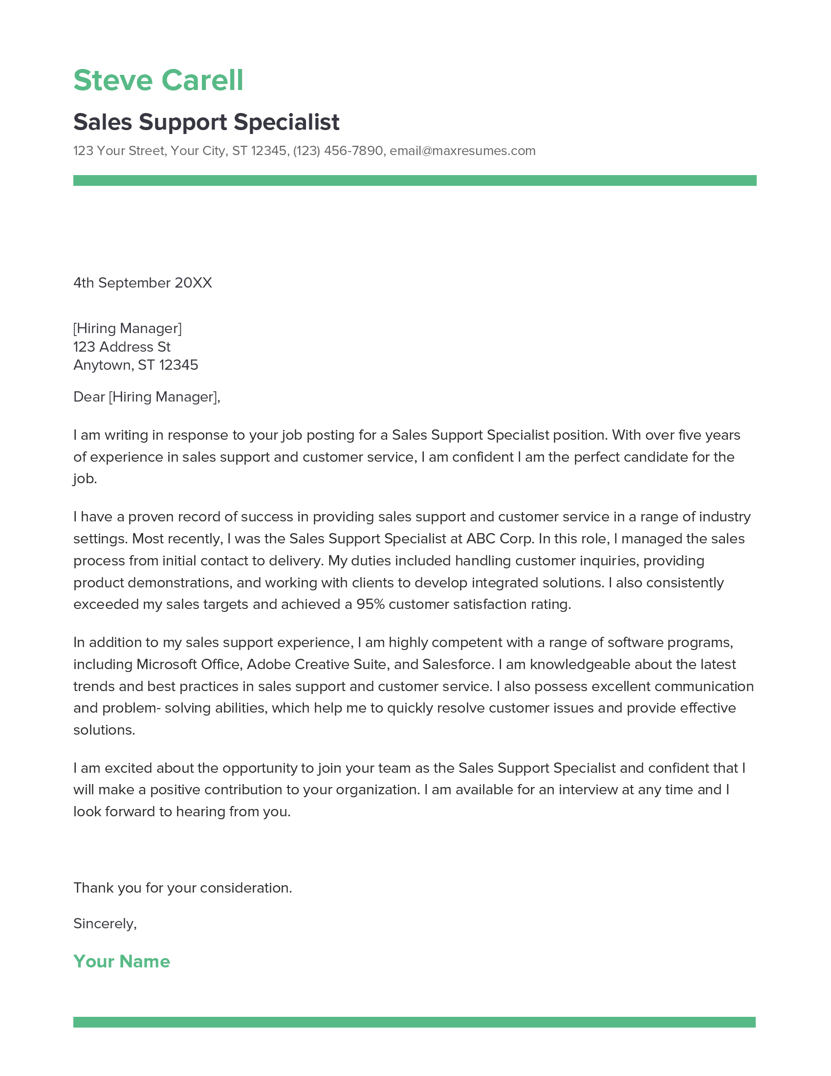 Sales Support Specialist Cover Letter Example