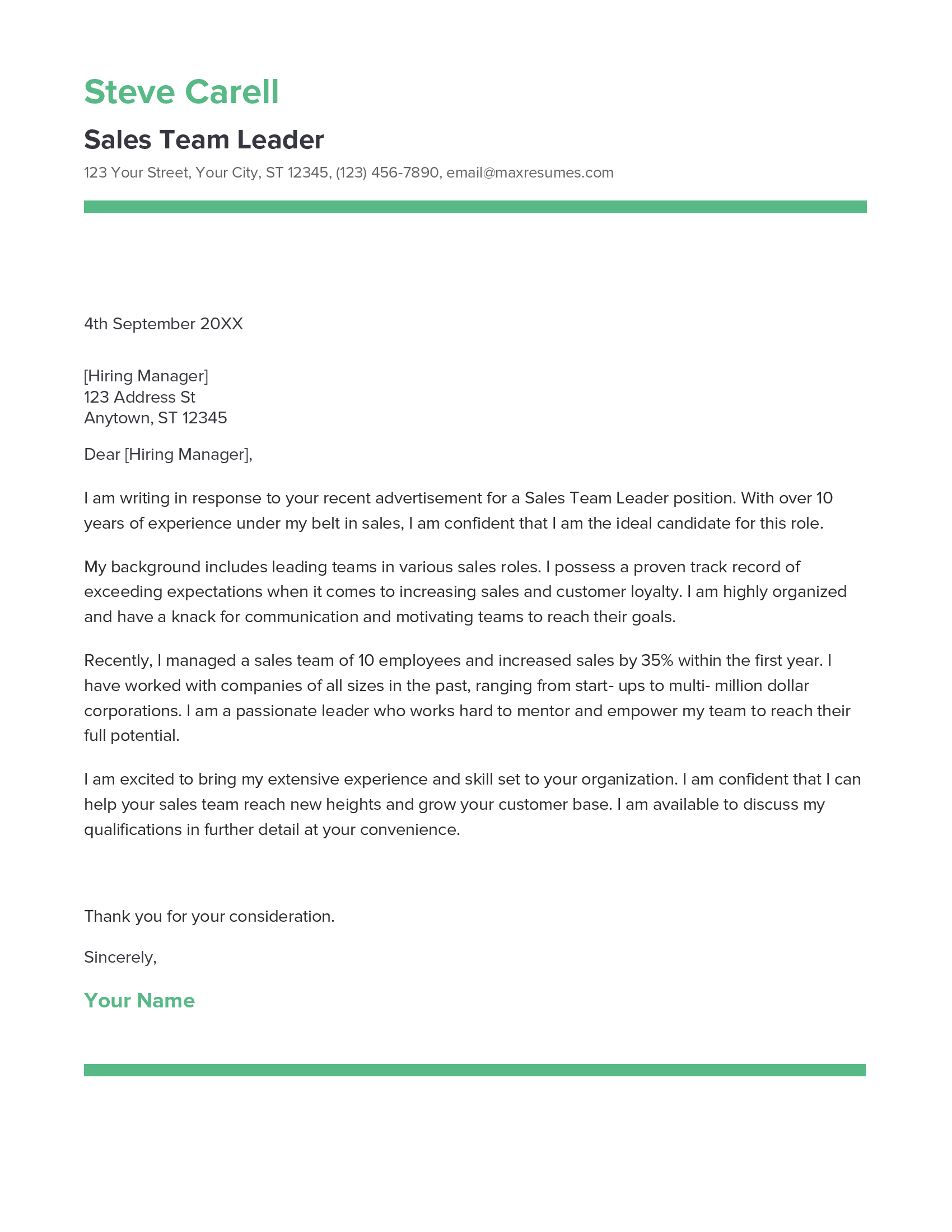 Sales Team Leader Cover Letter Example