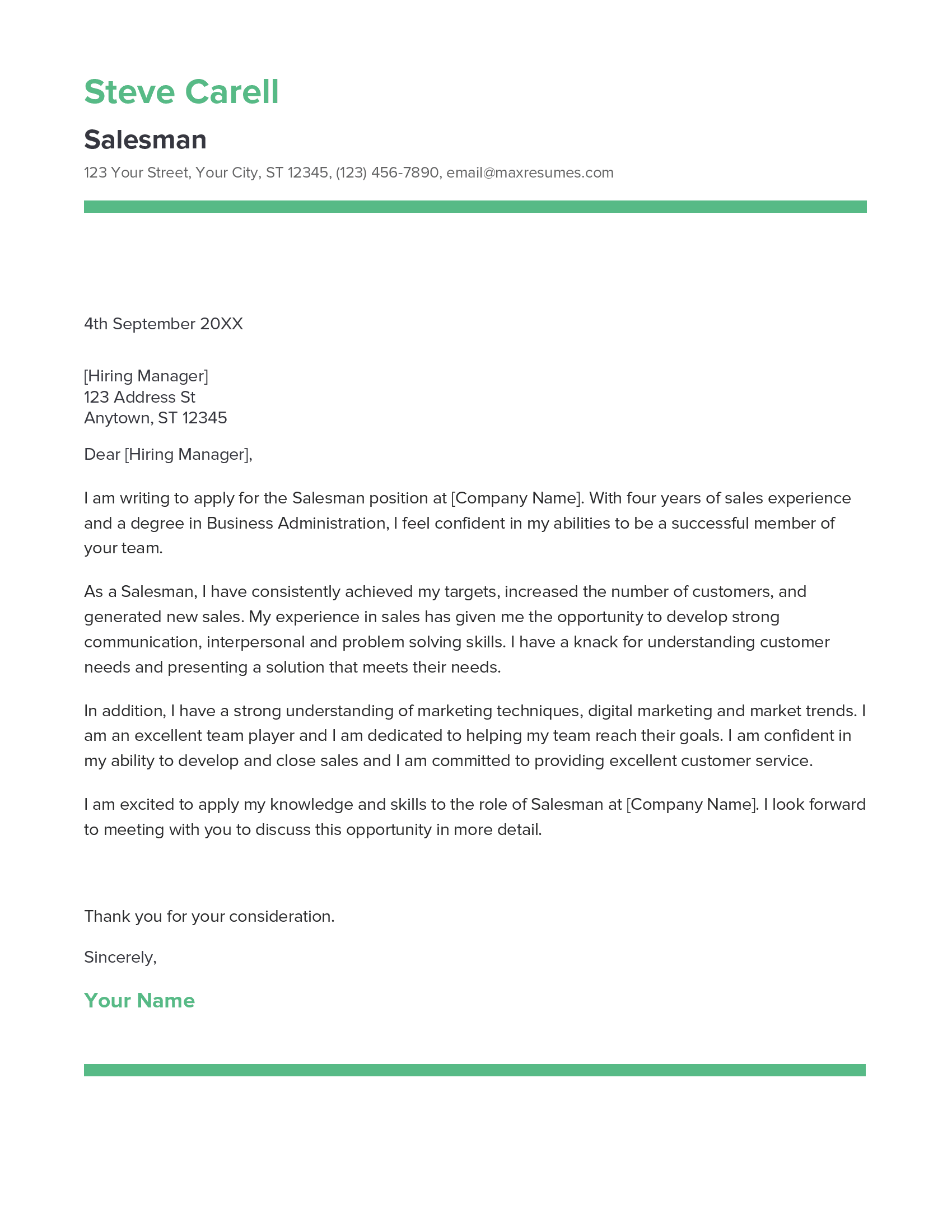 Salesman Cover Letter Example