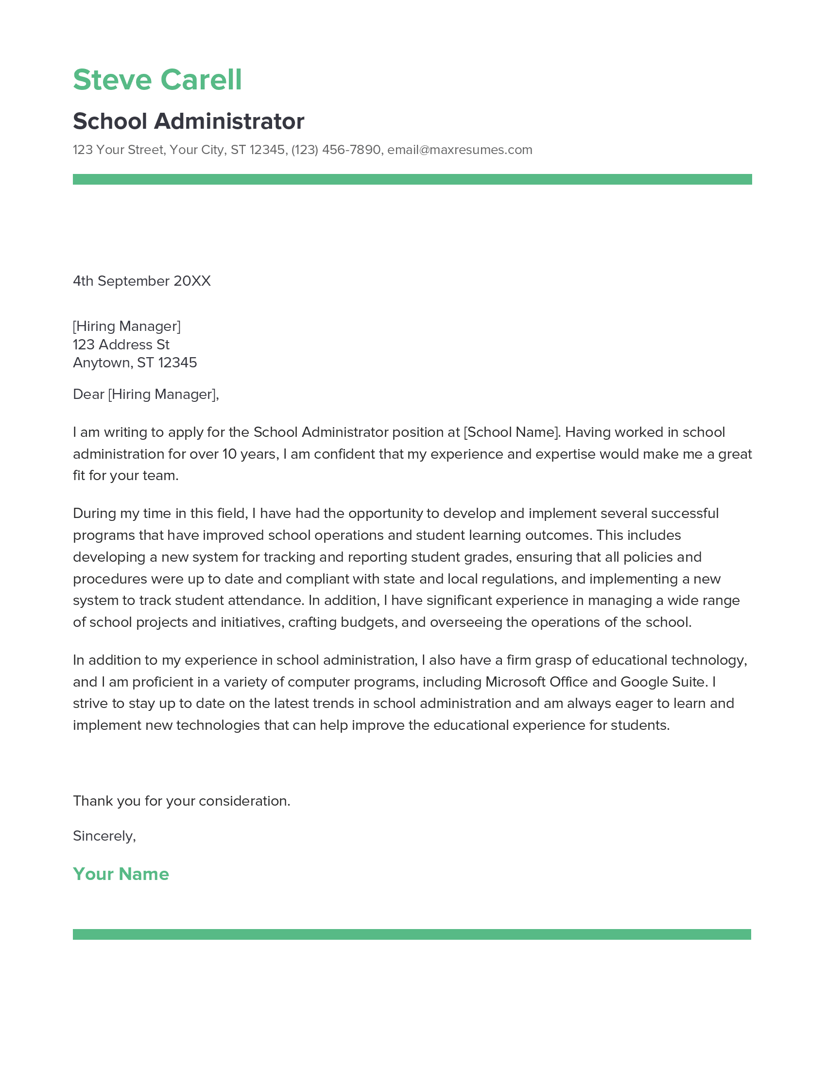 school administrator application letter