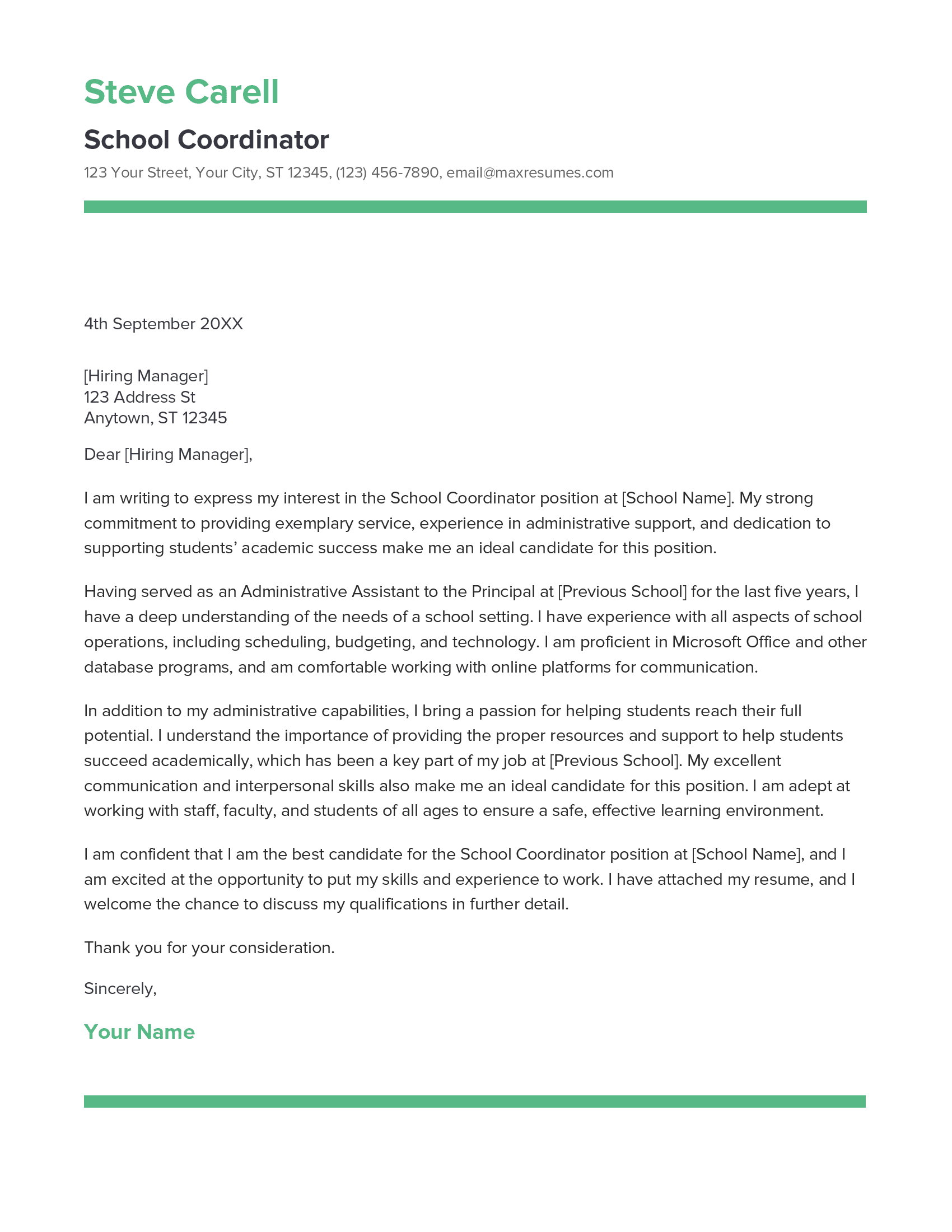 School Coordinator Cover Letter Example