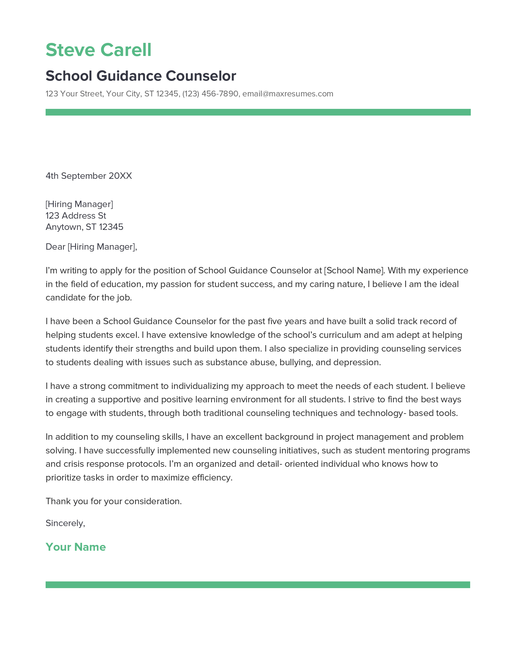 cover letter for a school counselor