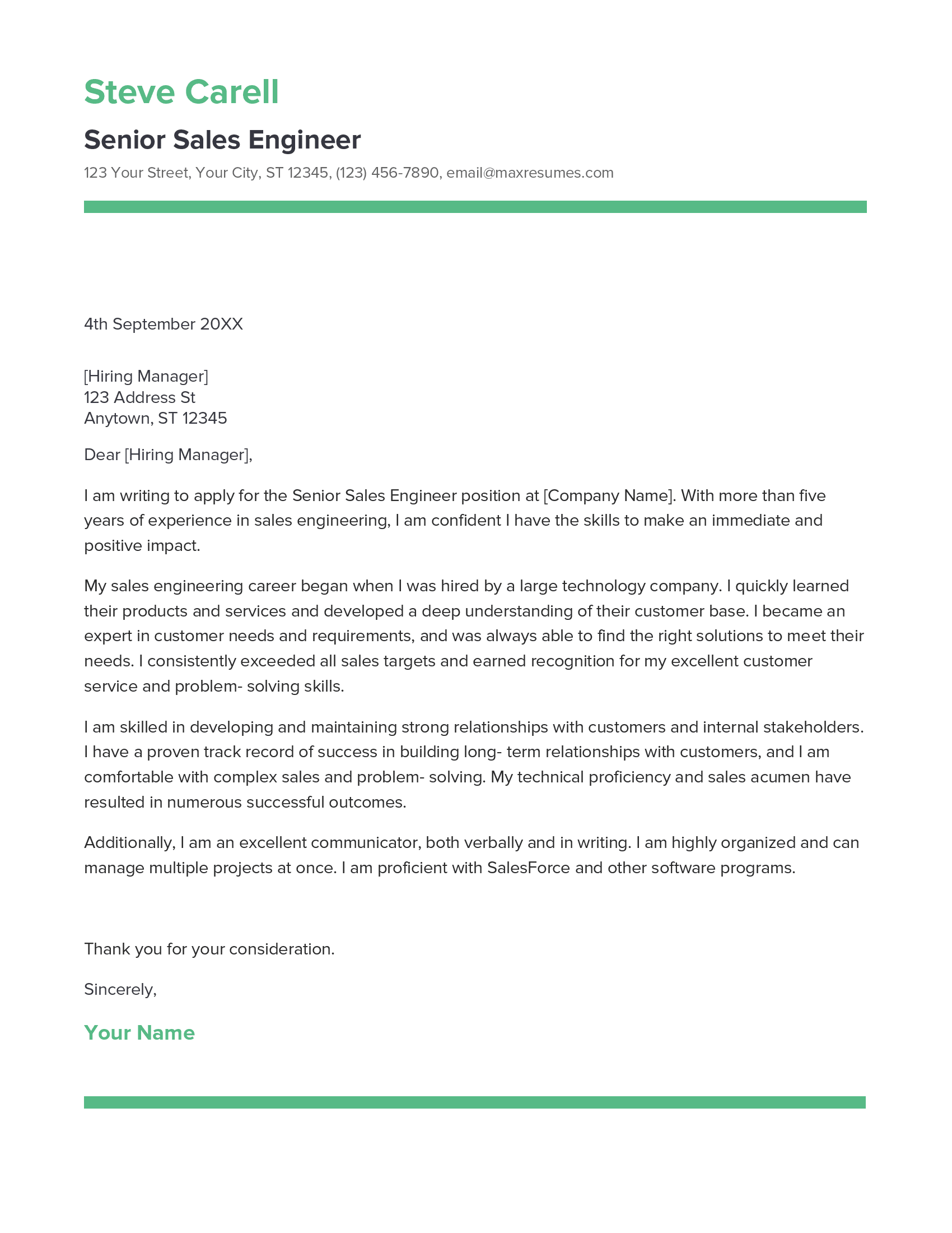 Senior Sales Engineer Cover Letter Example