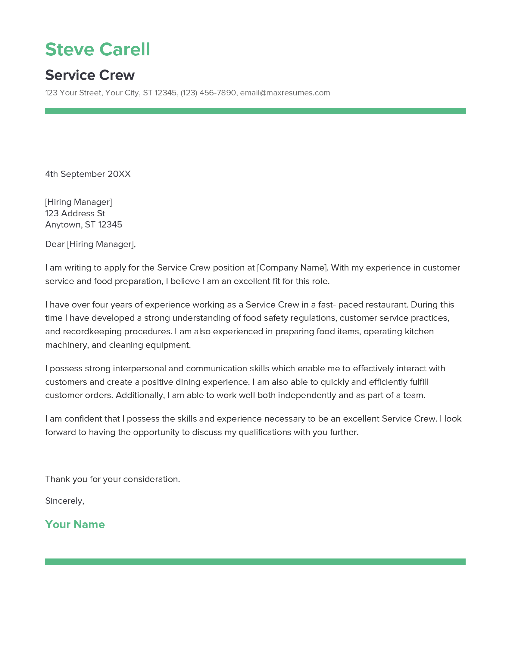 Service Crew Cover Letter Example