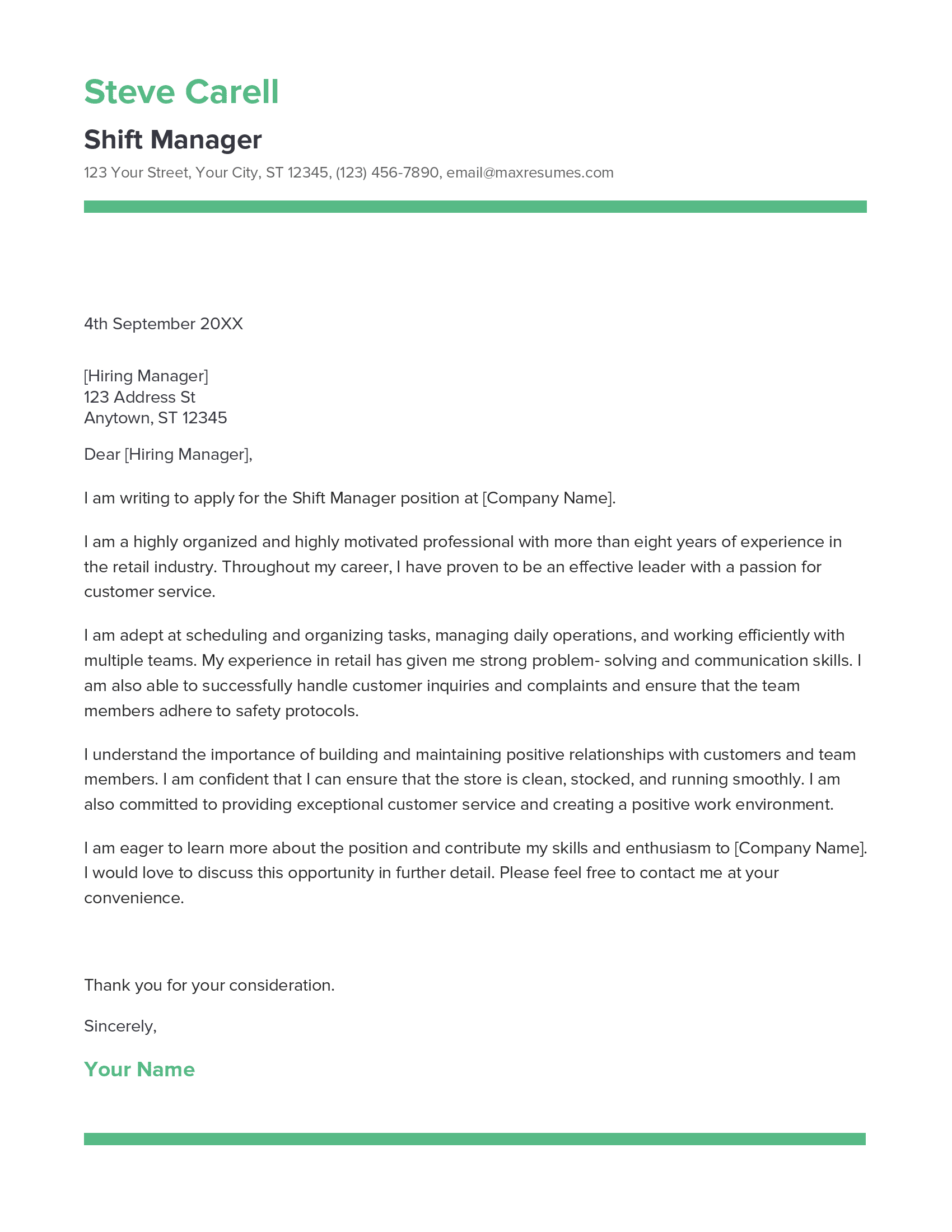 Shift Manager Cover Letter Example