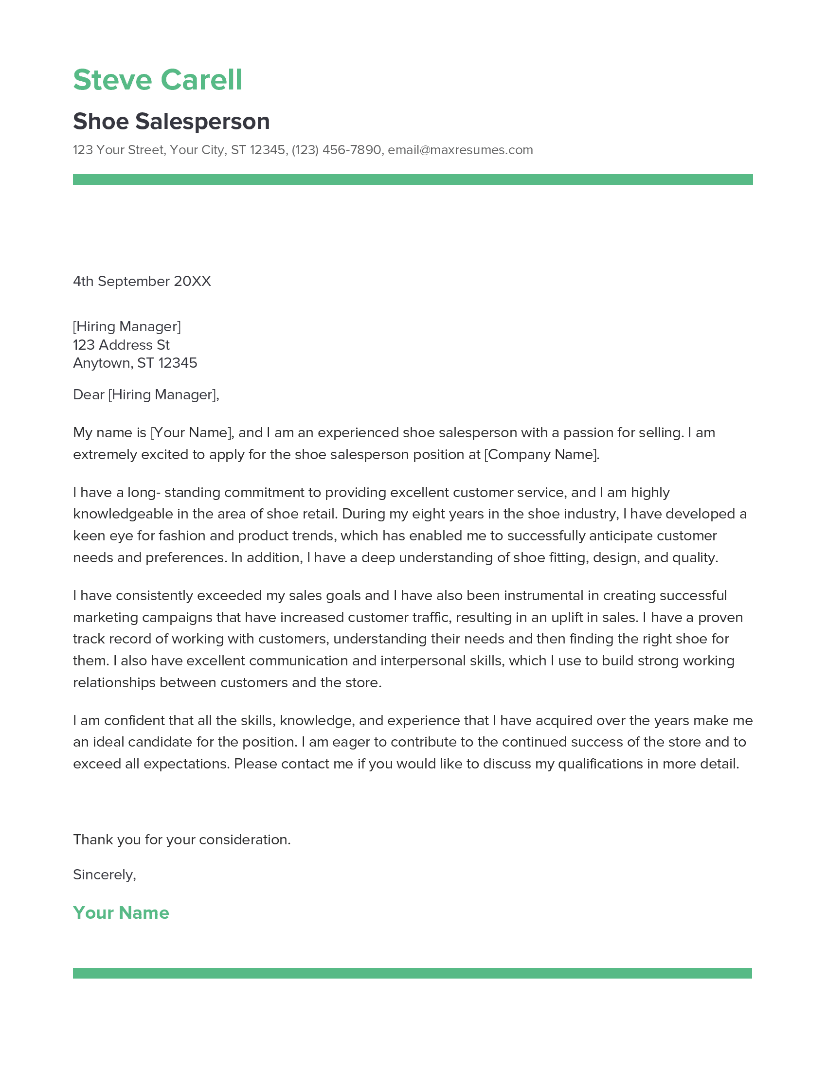 Shoe Salesperson Cover Letter Example