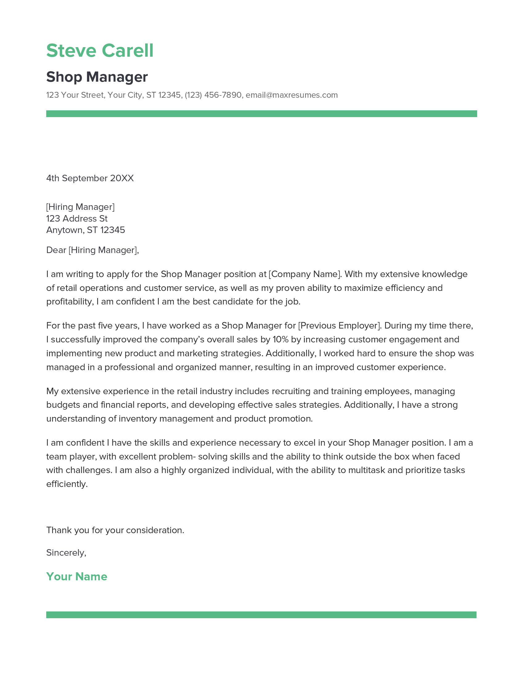 Shop Manager Cover Letter Example