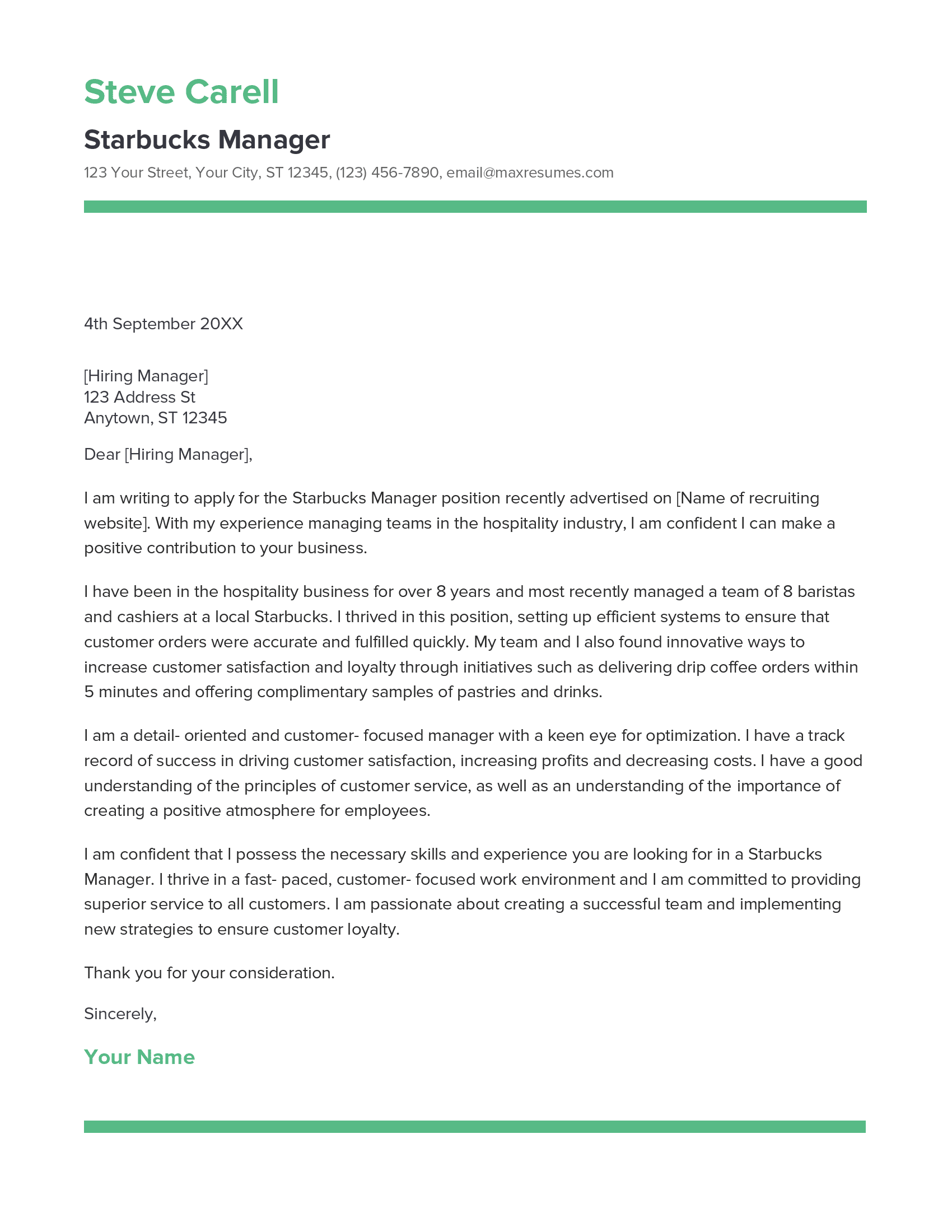 Starbucks Manager Cover Letter Example