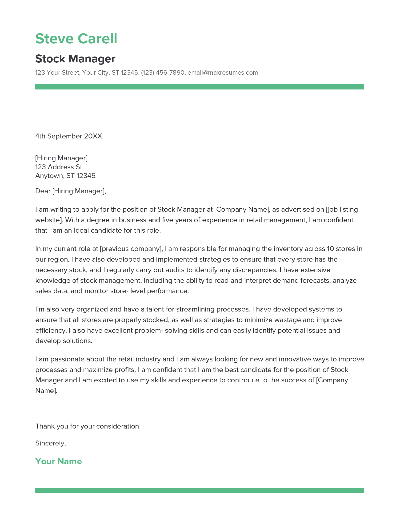 Stock Manager Cover Letter Example