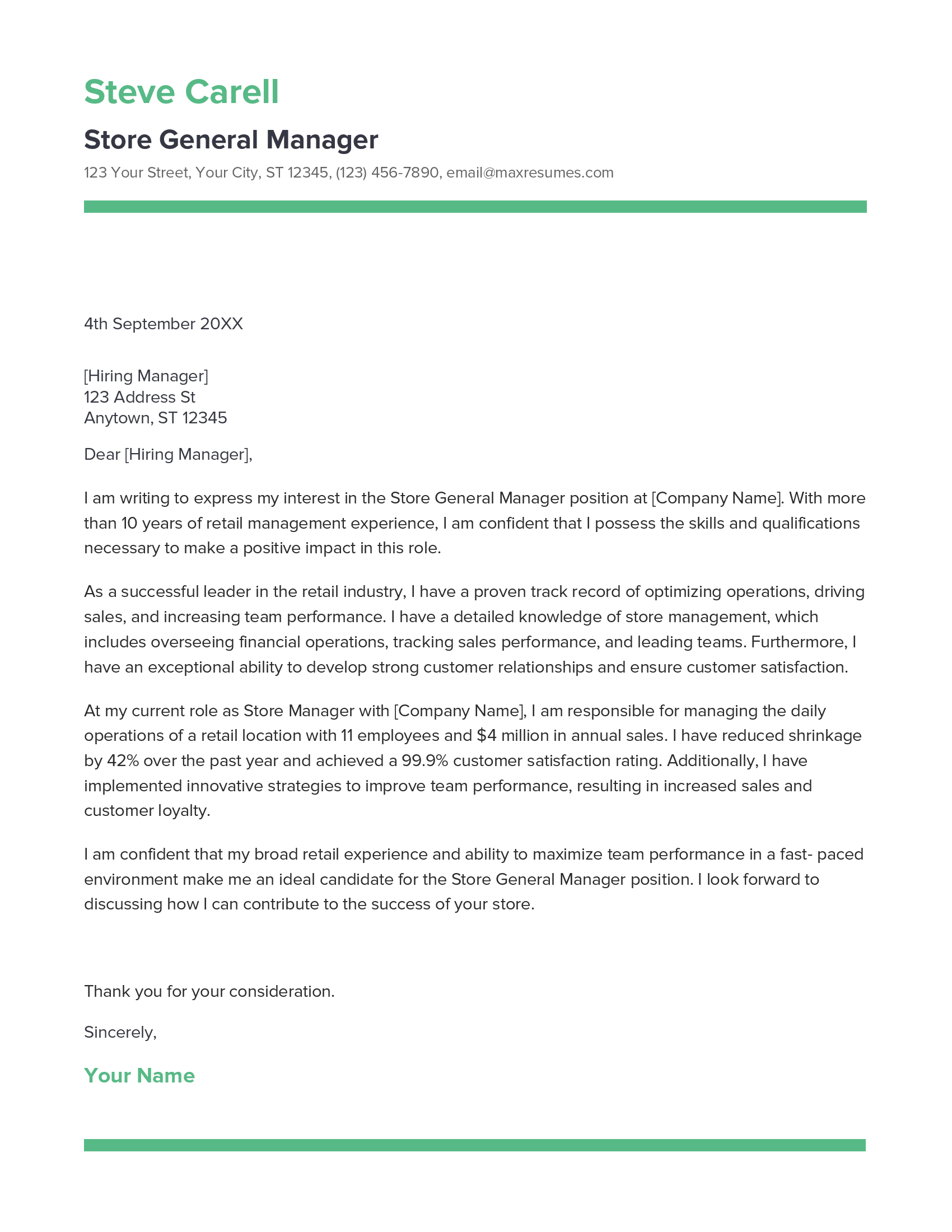 Store General Manager Cover Letter Example