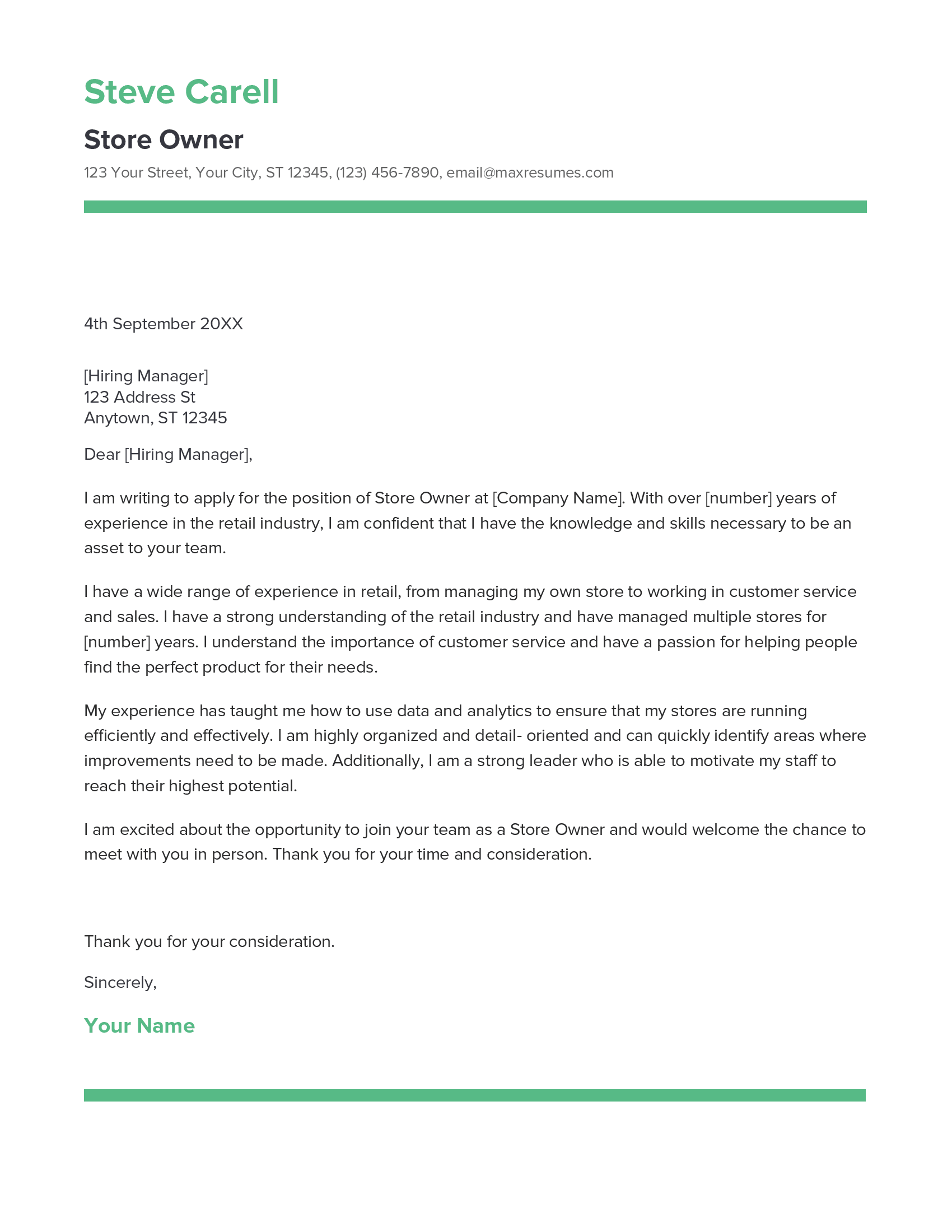 Store Owner Cover Letter Example