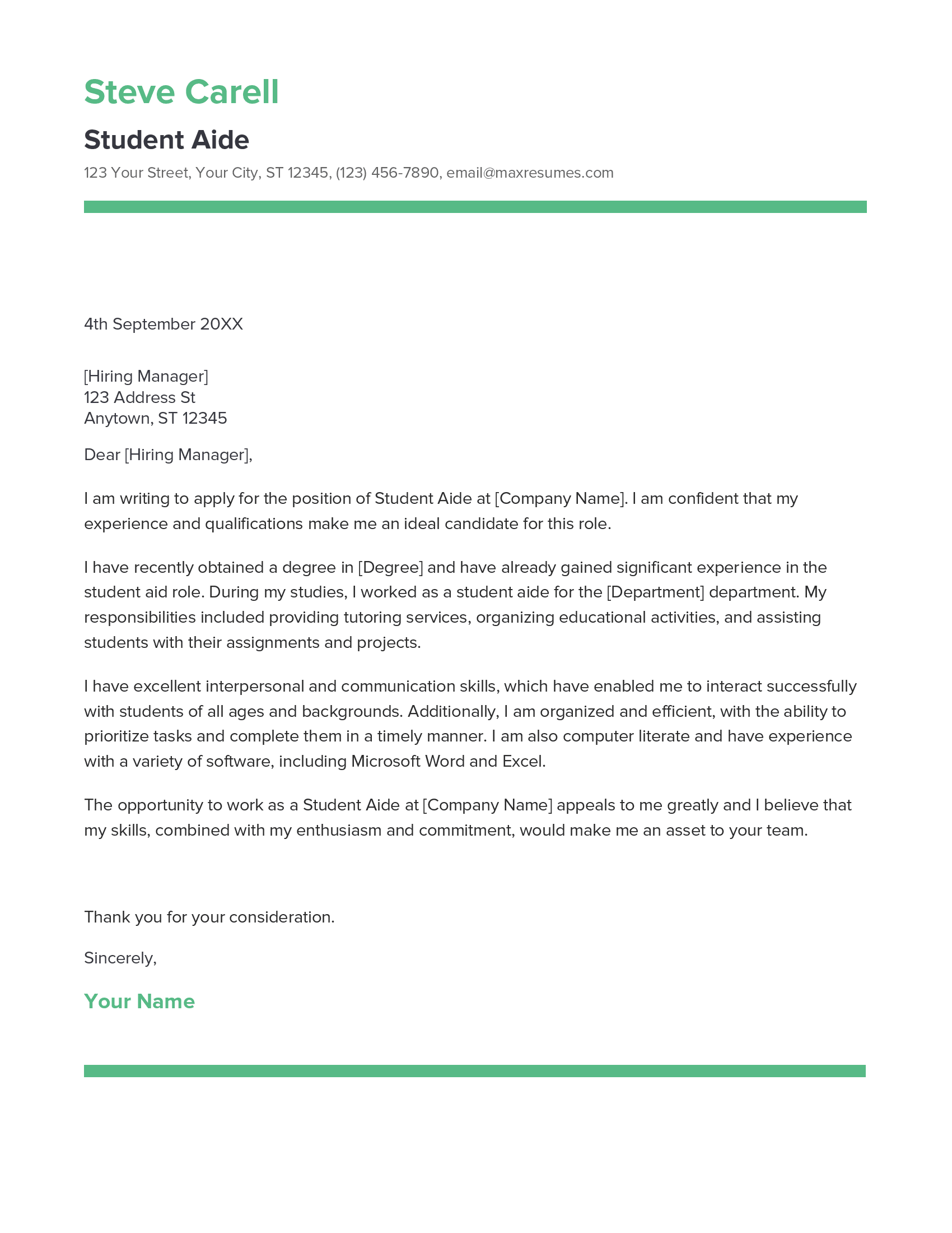 Student Aide Cover Letter Example