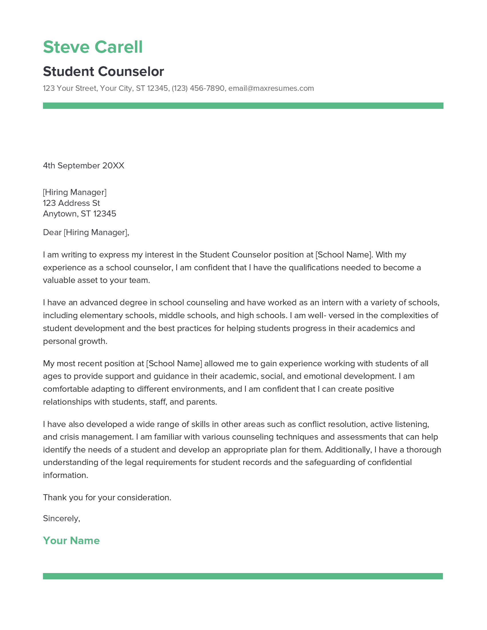 Student Counselor Cover Letter Example