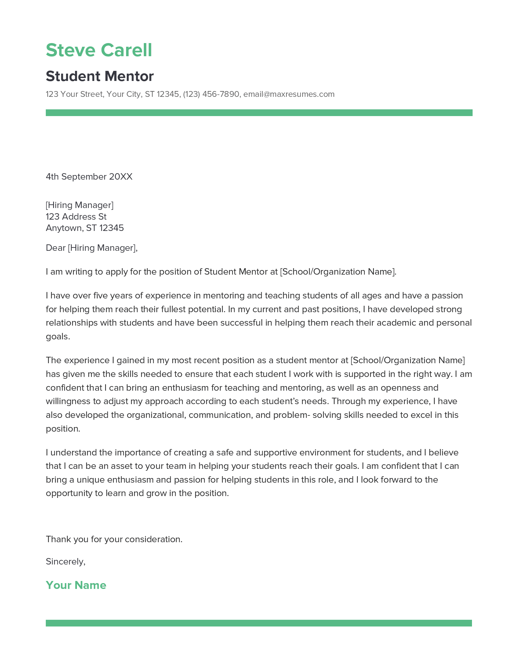 Student Mentor Cover Letter Example