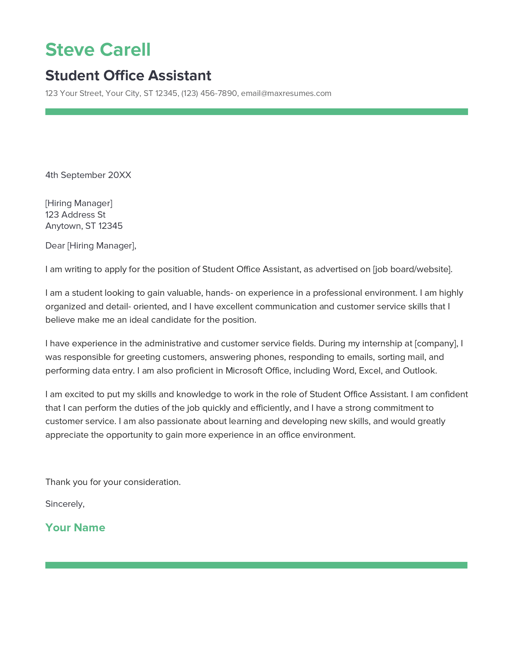 Student Office Assistant Cover Letter Example