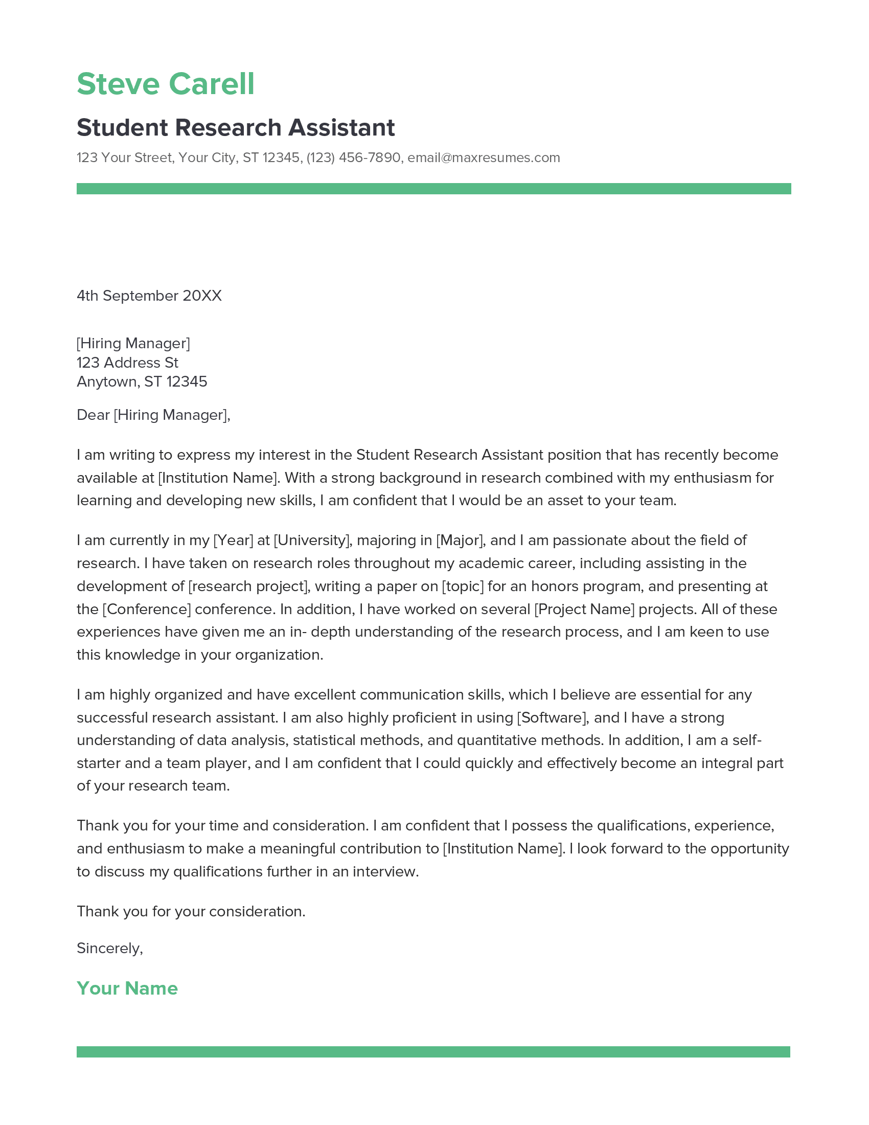 Student Research Assistant Cover Letter Example