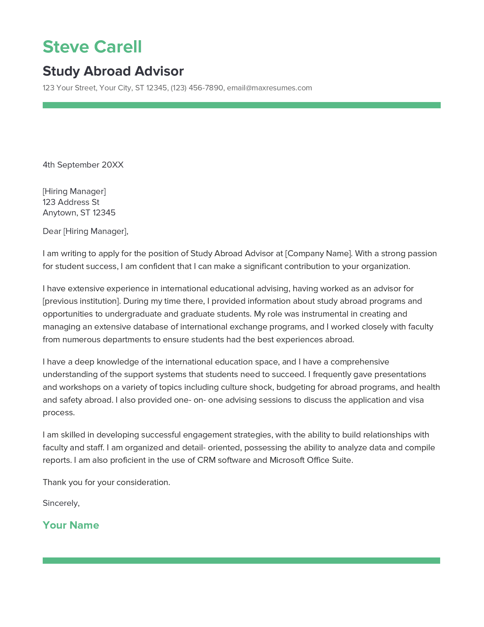 Study Abroad Advisor Cover Letter Example