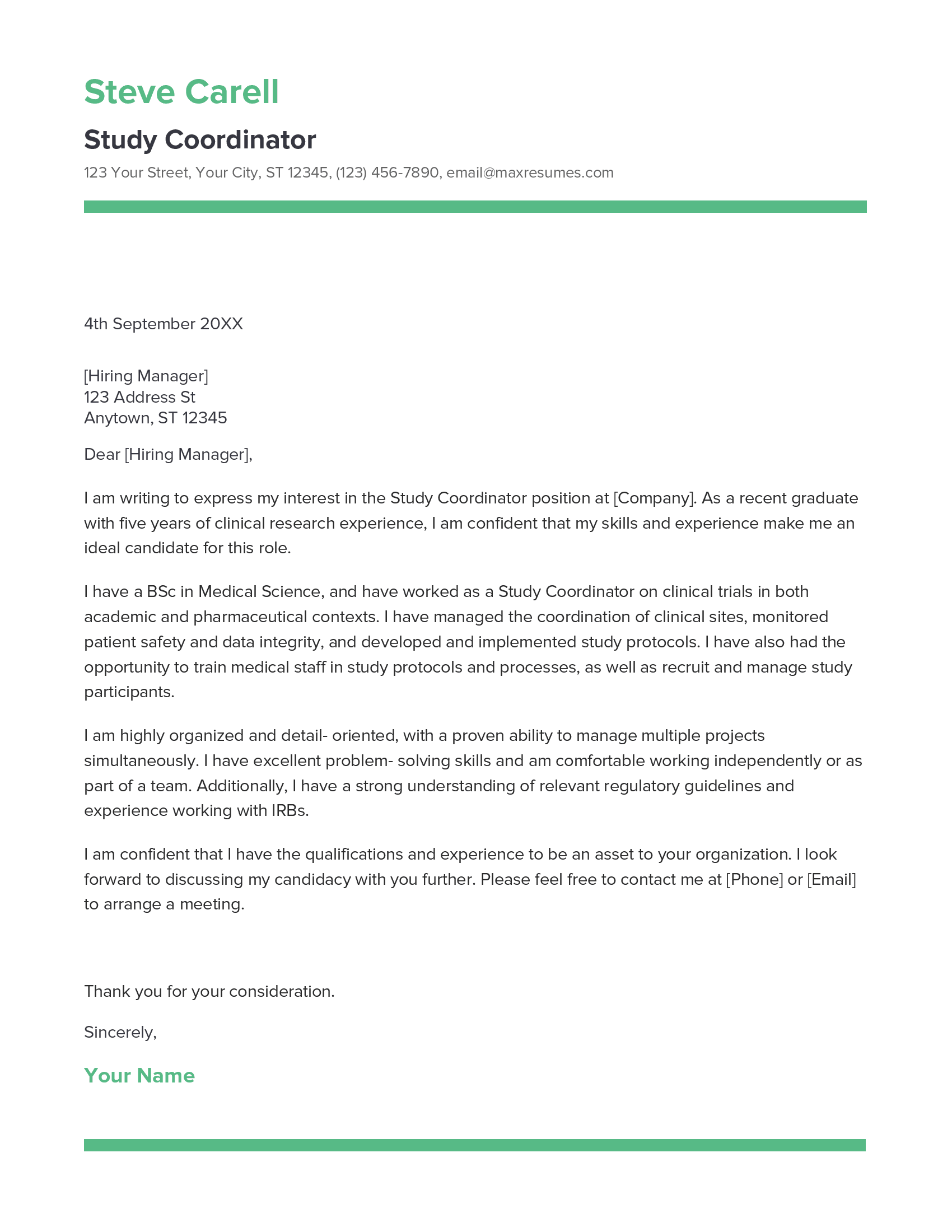 Study Coordinator Cover Letter Example