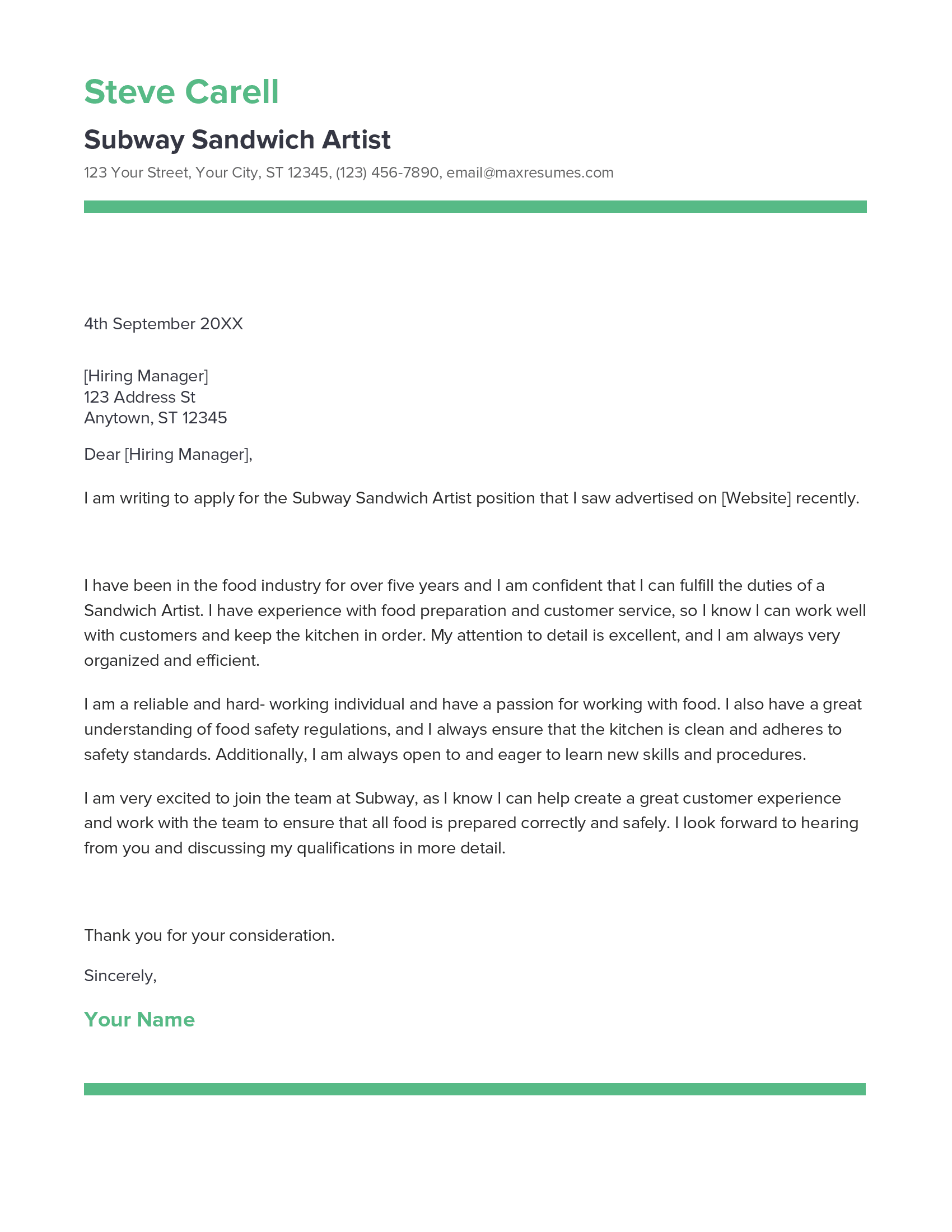 Subway Sandwich Artist Cover Letter Example