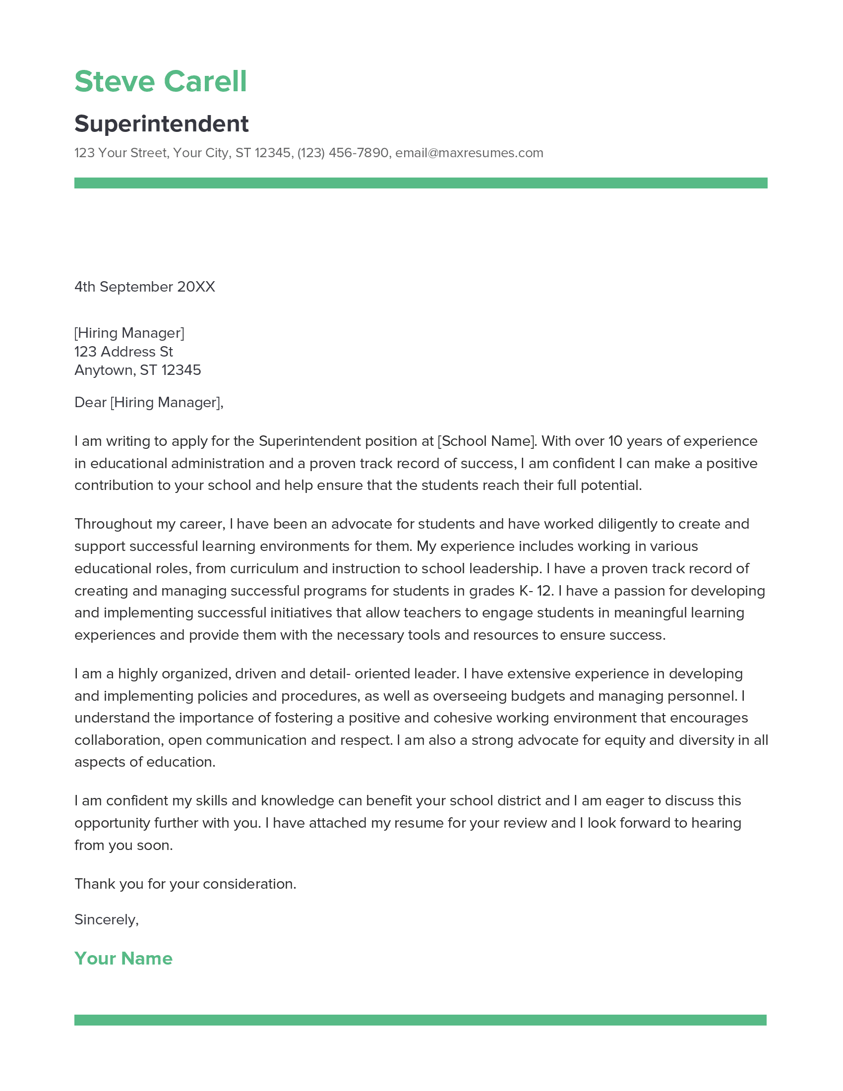 Superintendent Cover Letter Example