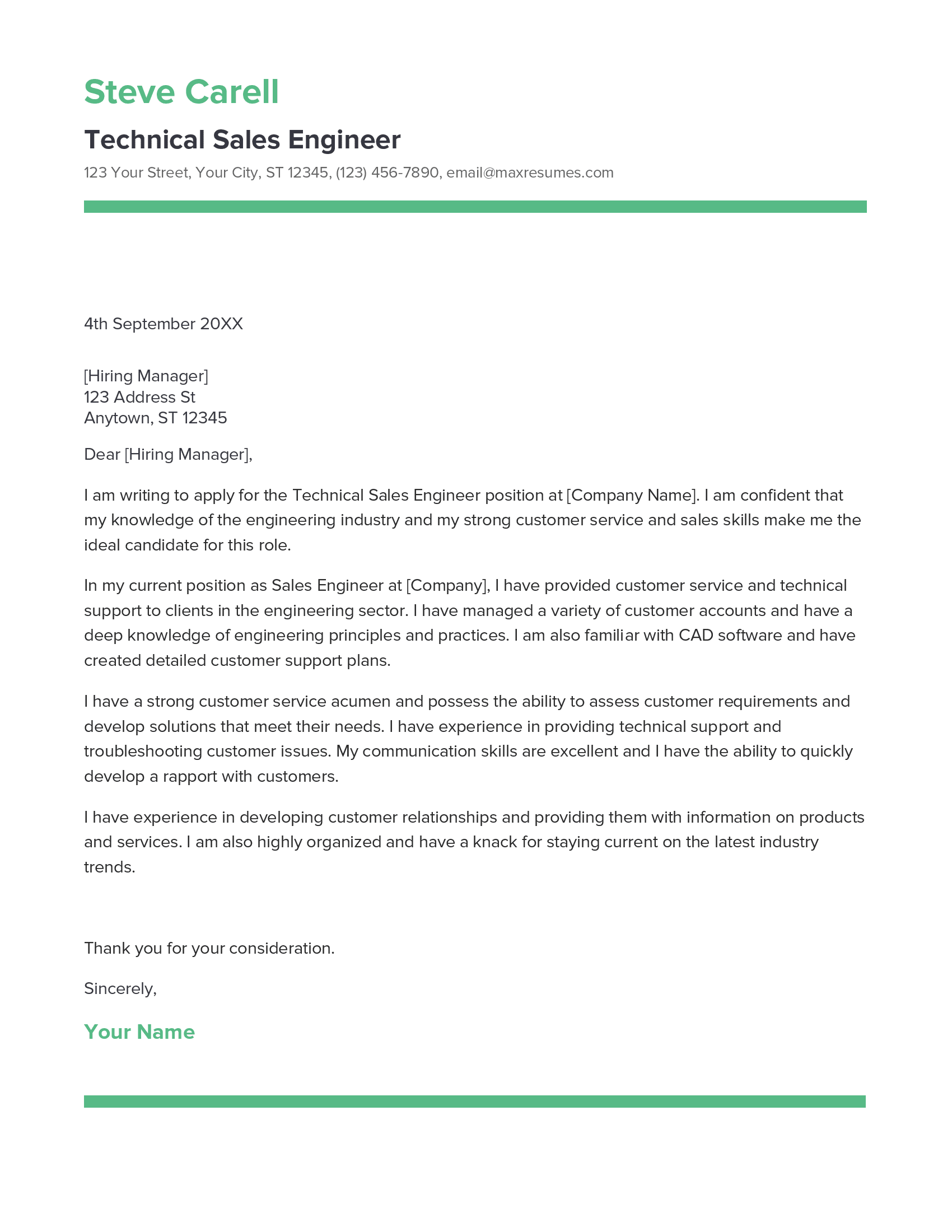 Technical Sales Engineer Cover Letter Example