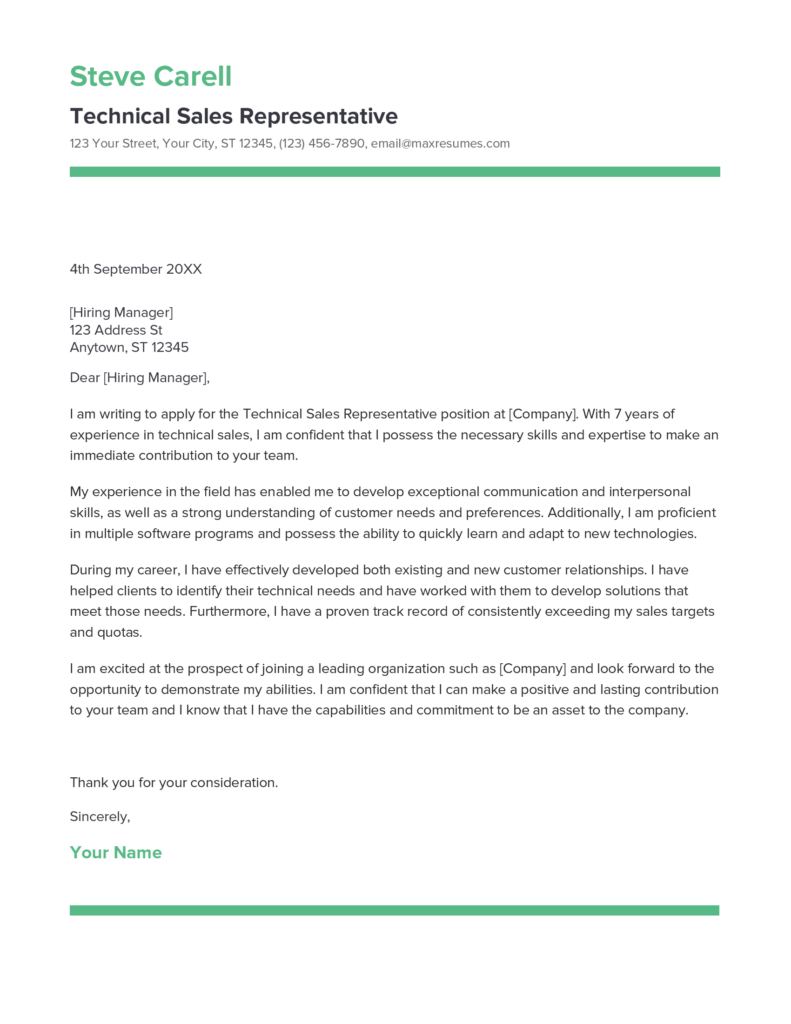 Best Technical Sales Representative Cover Letter Example for 2023