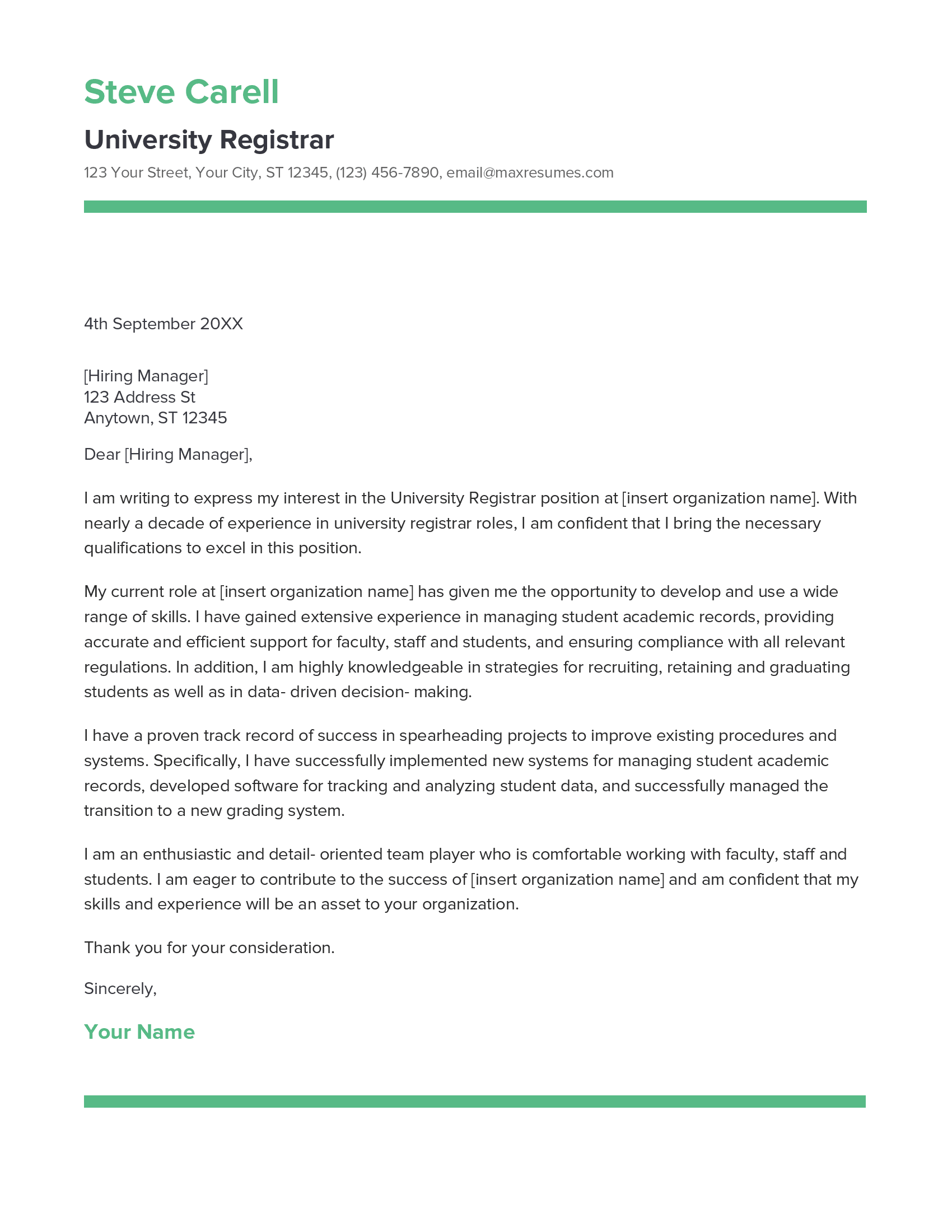 University Registrar Cover Letter Example