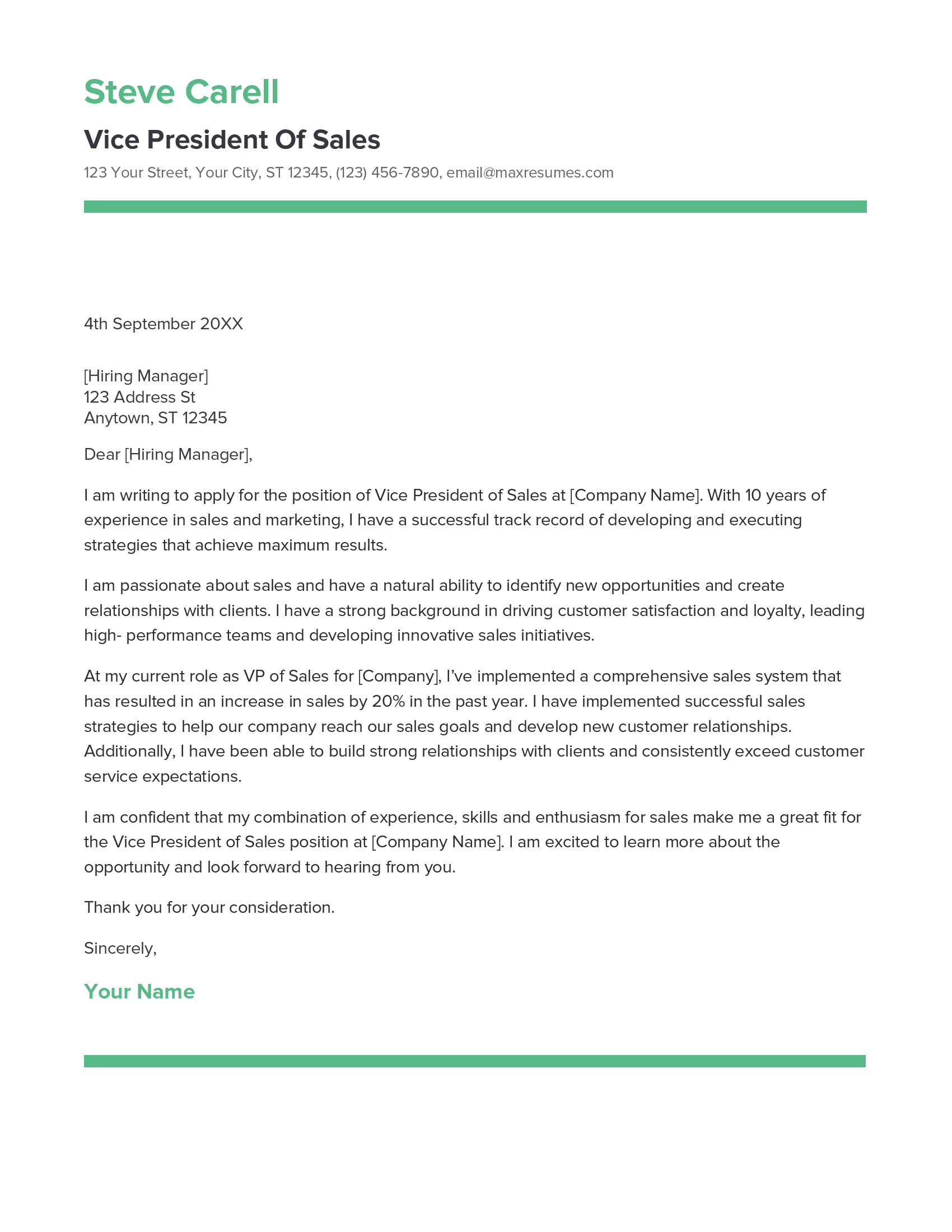 Vice President Of Sales Cover Letter Example