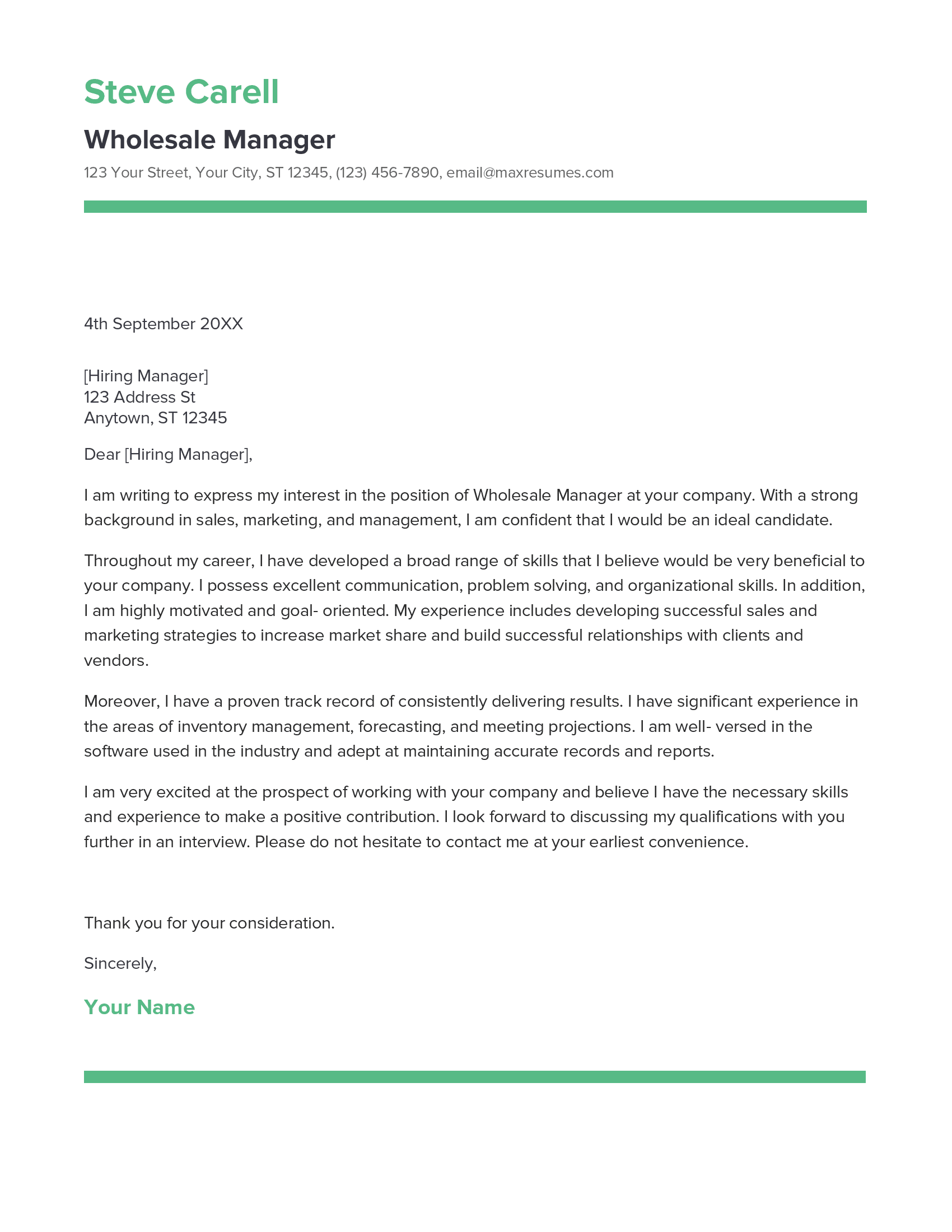 Wholesale Manager Cover Letter Example