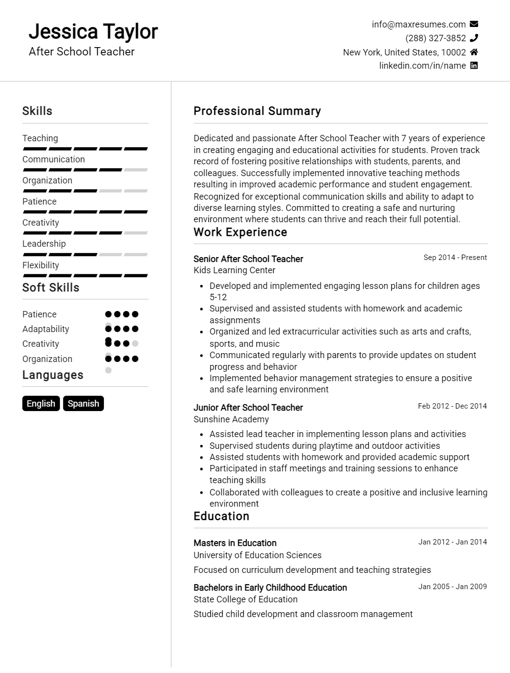 after-school-teacher-resume-sample