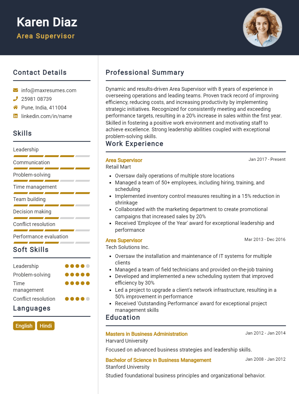 area-supervisor-resume-sample