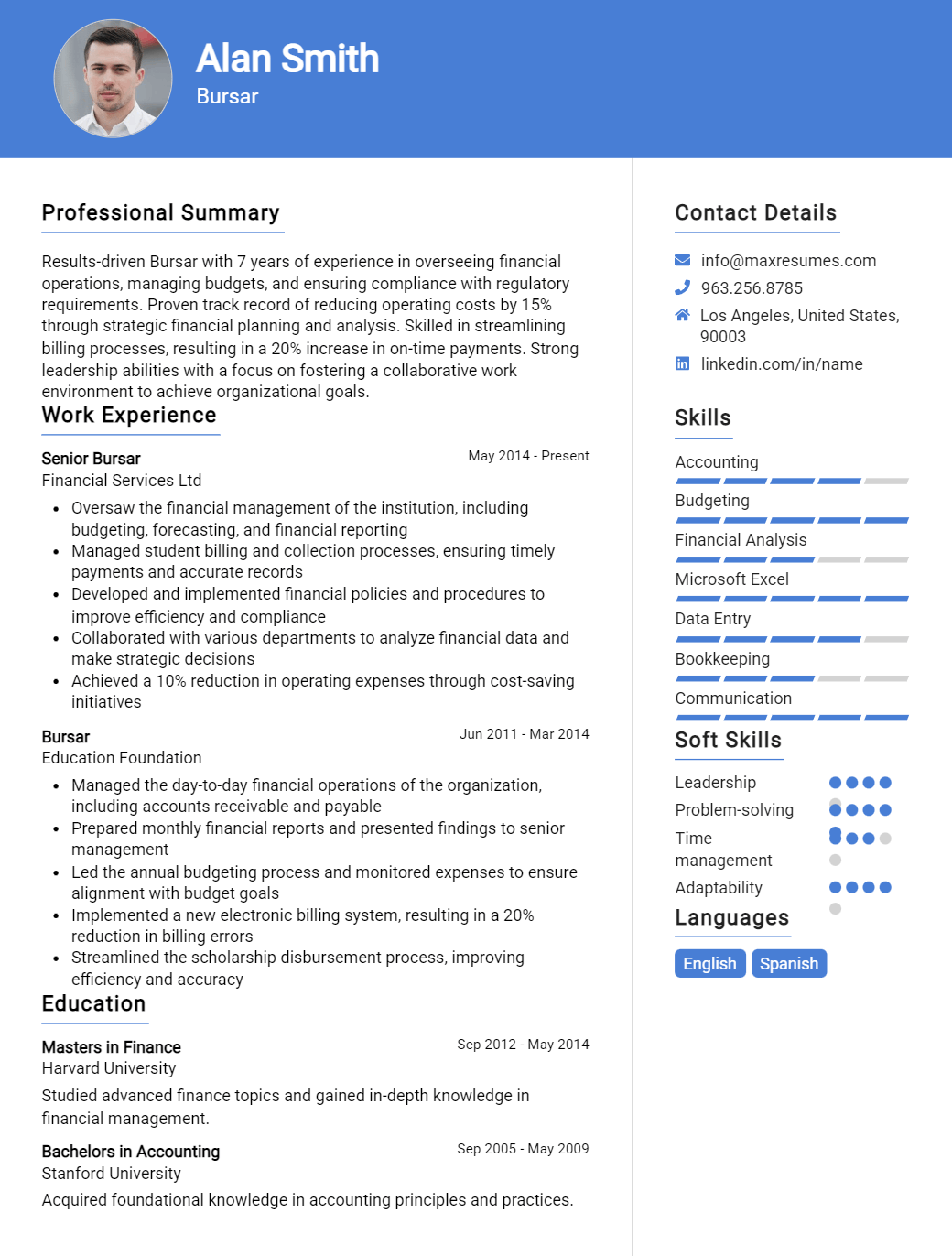 bursar-resume-sample