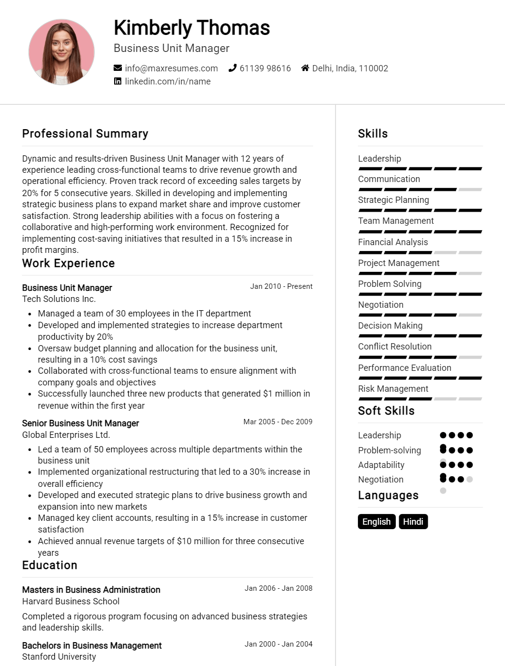 business-unit-manager-resume-sample