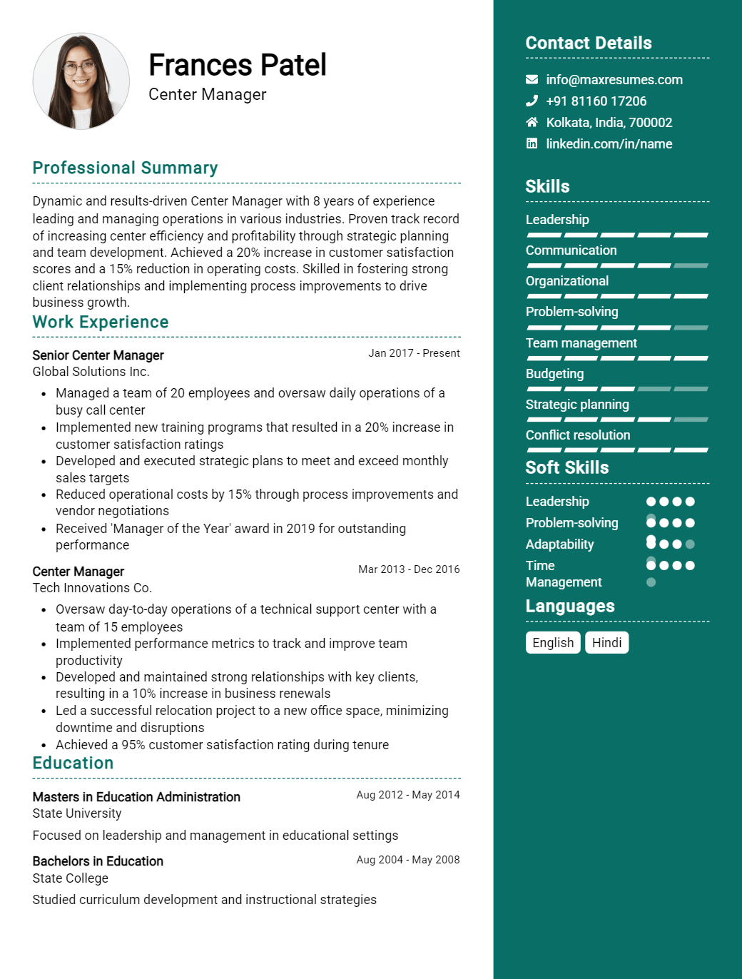 center-manager-resume-sample
