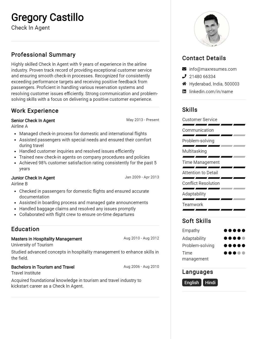 check-in-agent-resume-sample