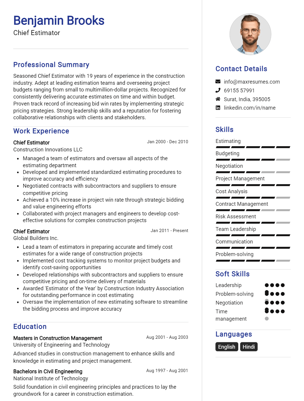 chief-estimator-resume-sample