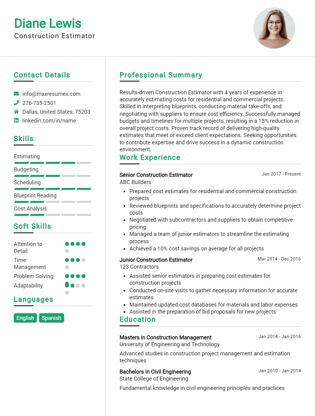 estimator-resume-sample