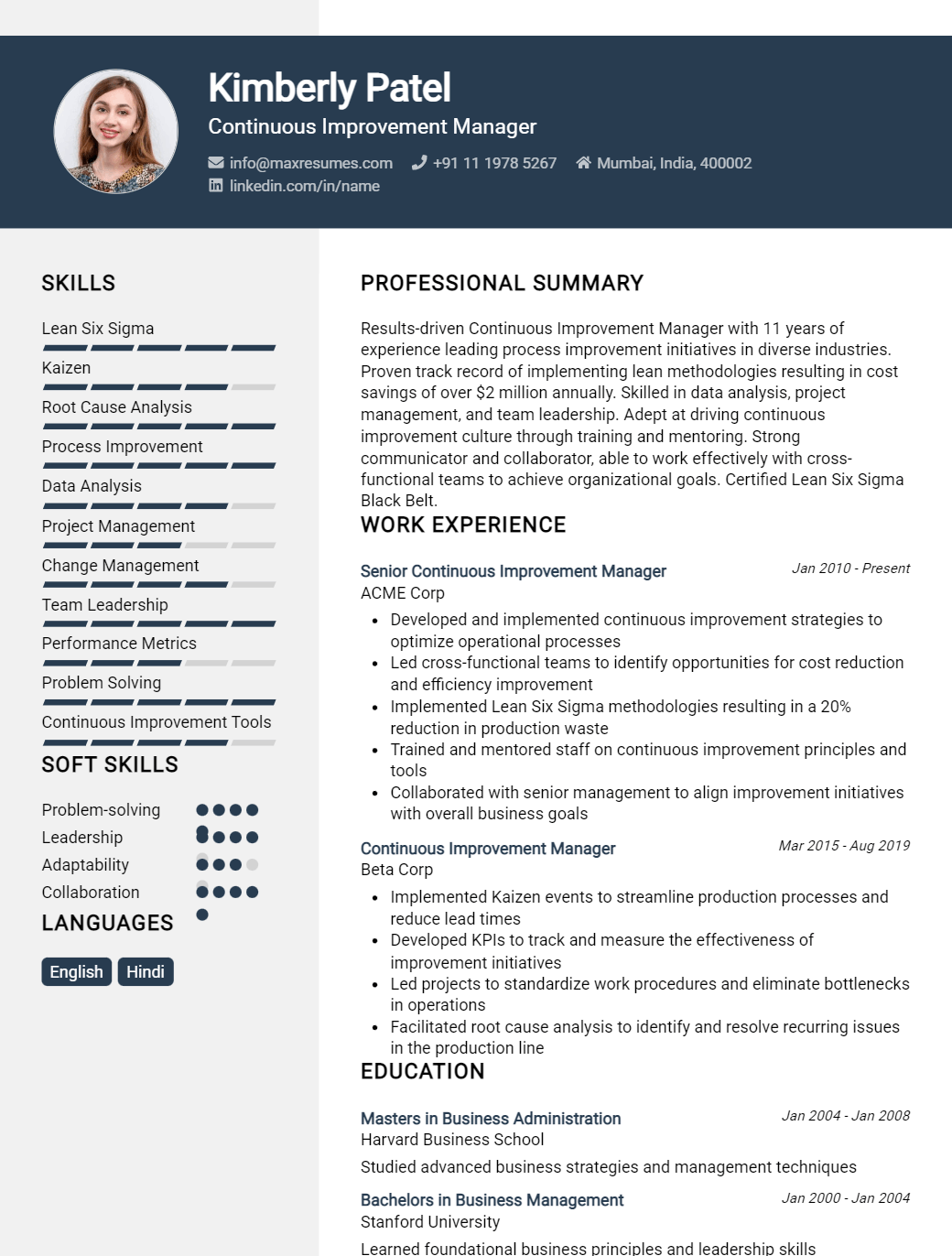 continuous-improvement-manager-resume-sample