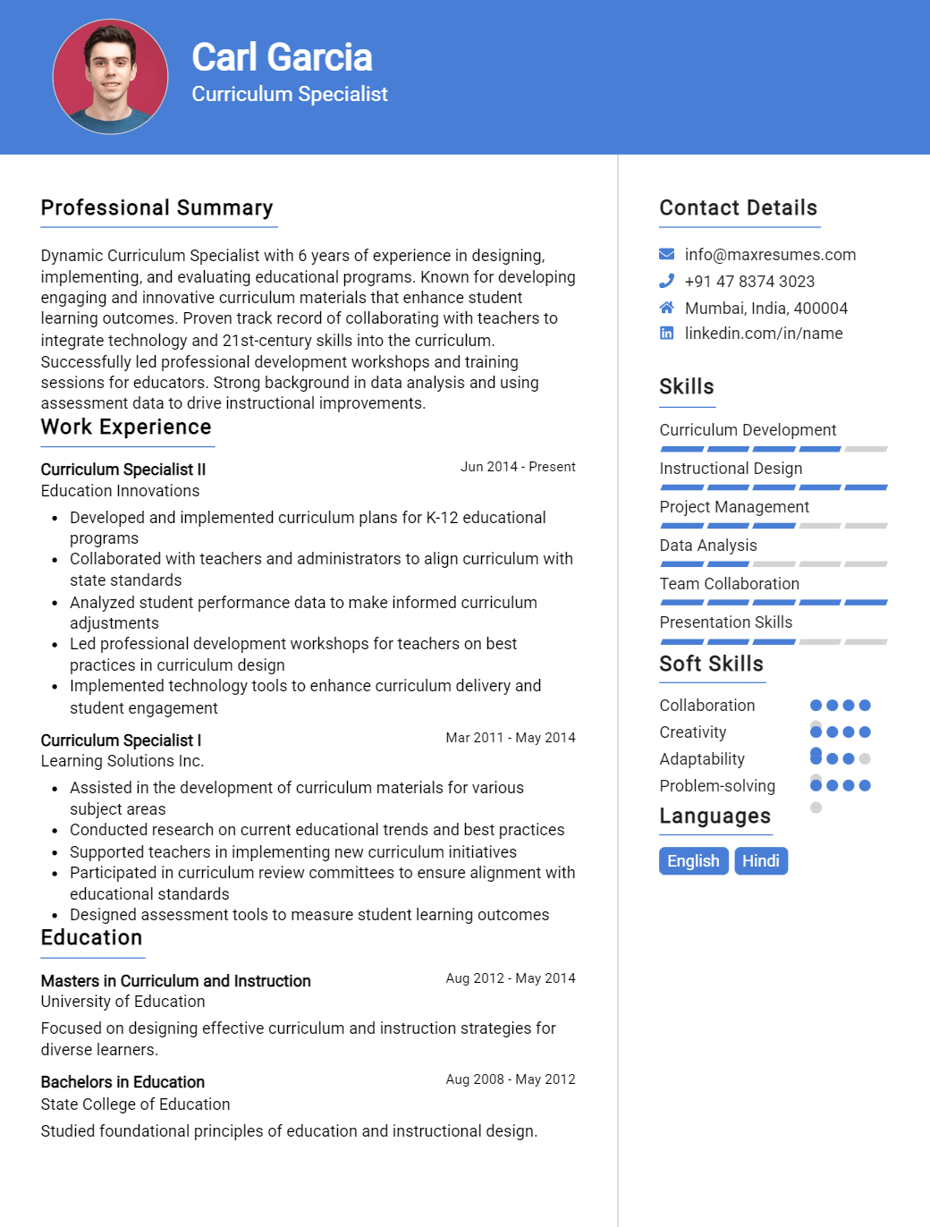 curriculum-specialist-resume-sample