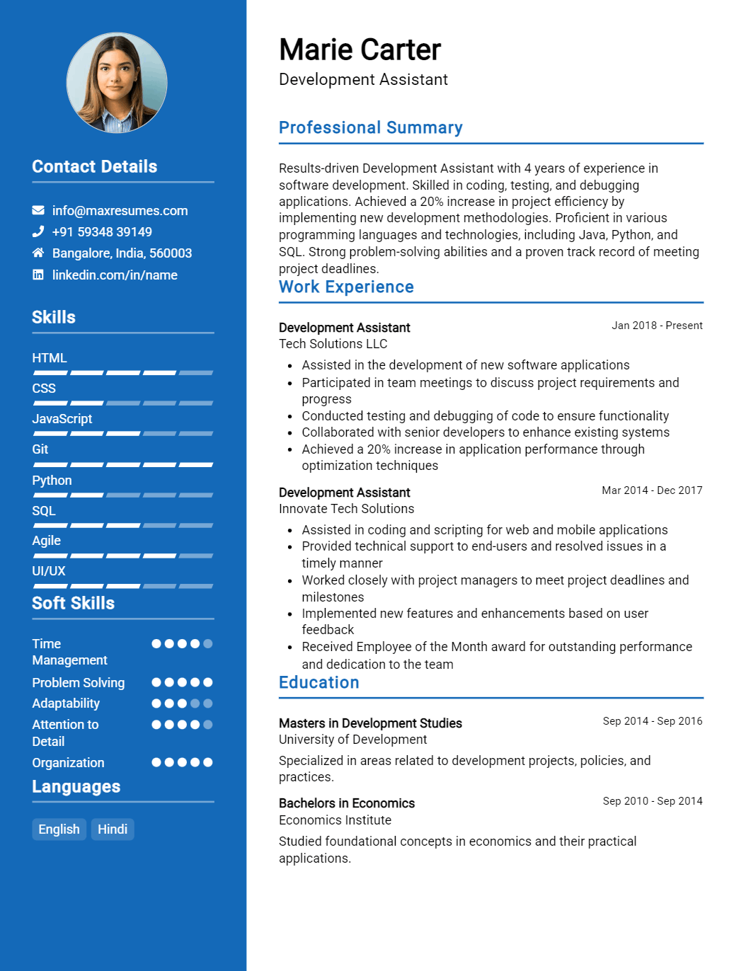 development-assistant-resume-sample
