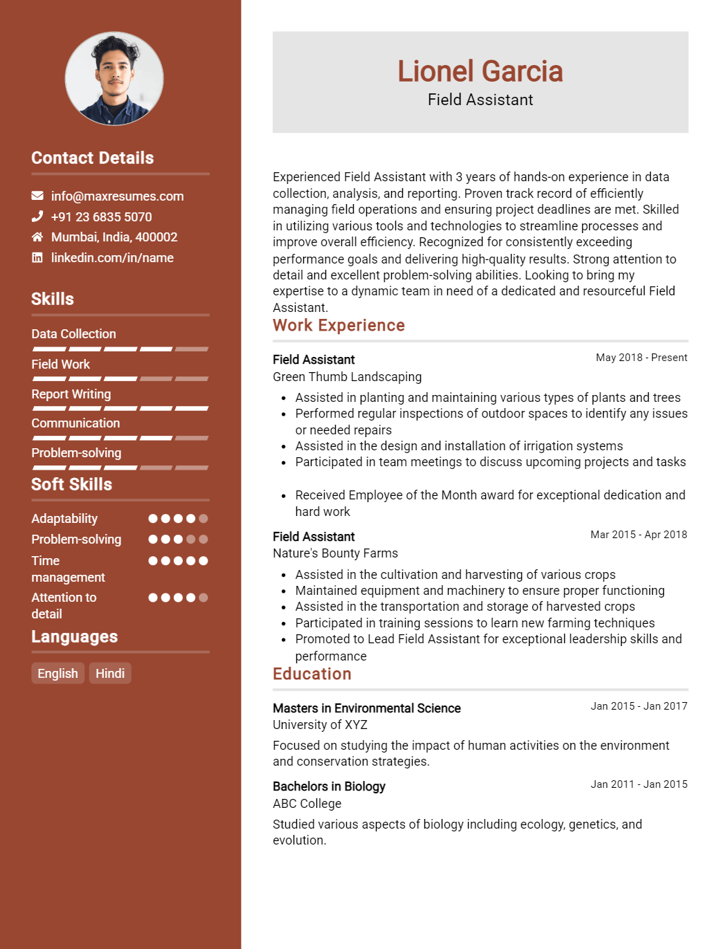 field-assistant-resume-sample