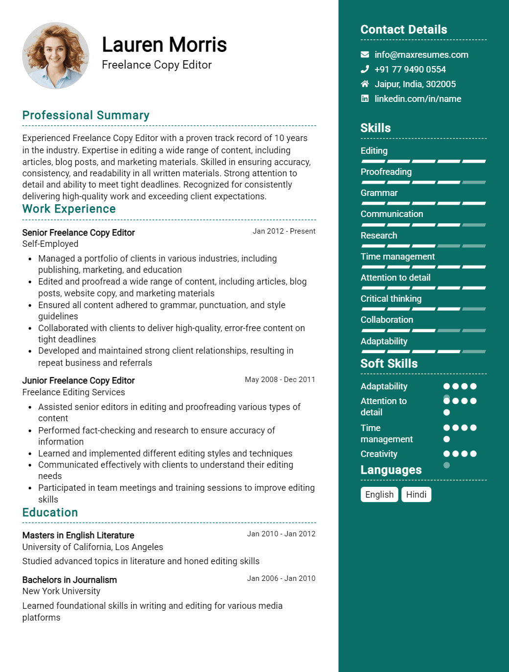 freelance-copy-editor-resume-sample